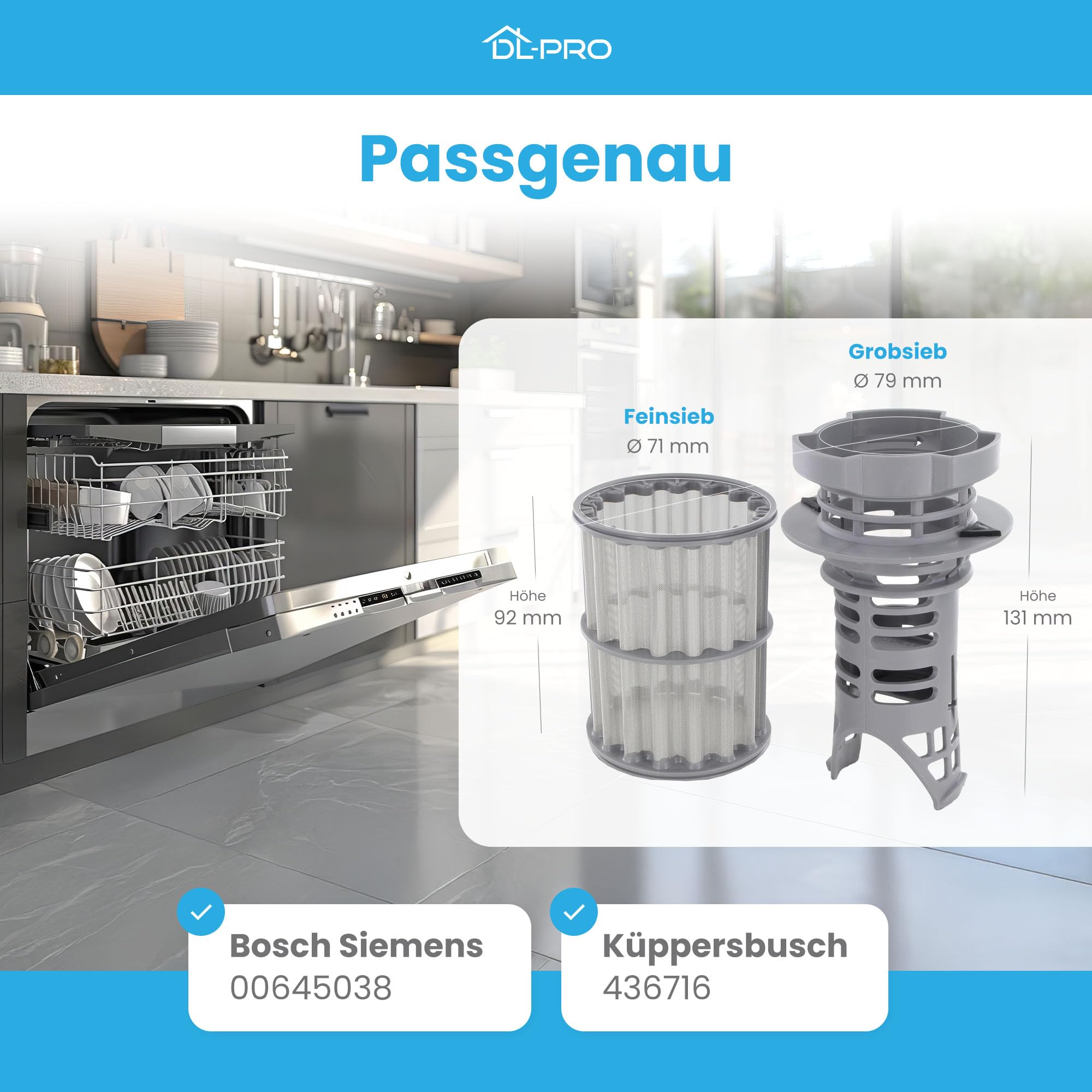 DL-pro Filtr sitko gruboziarniste + mikrofiltr do Bosch Siemens 00645038 645038 dwuczęściowy drobny sitko do zmywarki SuperSilence Logixx PerfectDry iQ300 Serie 2 4 6