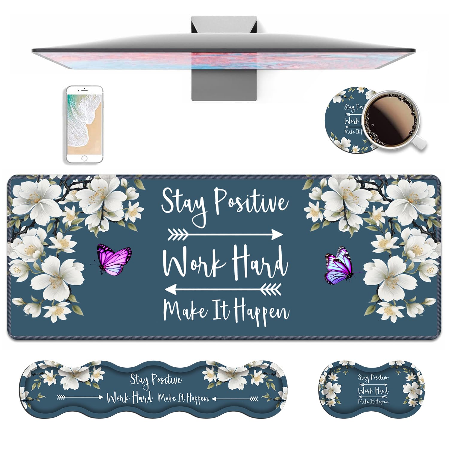 4-in-1 ergonomische Tastatur-Handgelenkauflage und Mauspad, Handgelenkauflage-Set, bleiben Sie positiv arbeiten und machen Sie es passieren, inspirierendes Zitat, große