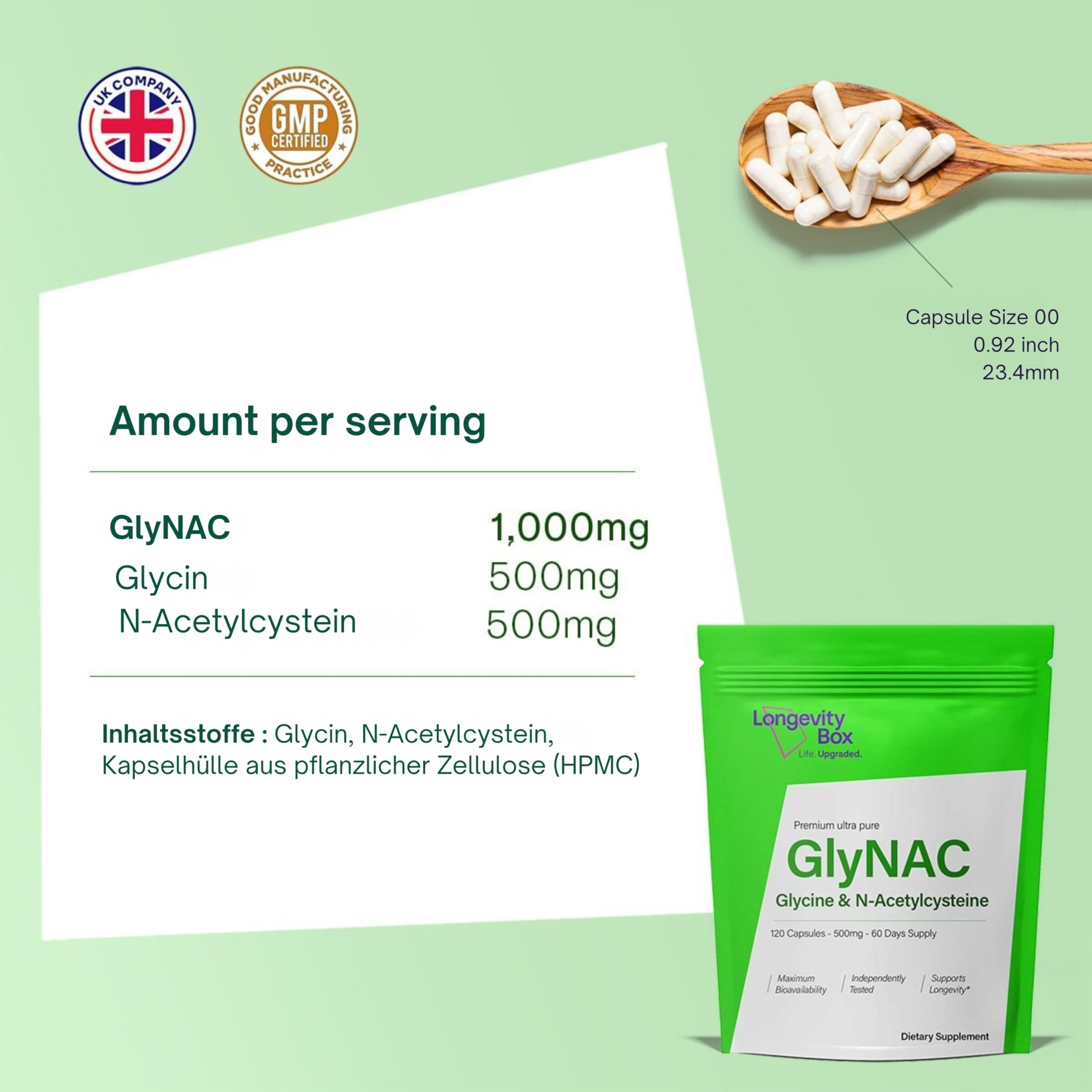 GlyNAC 1000 mg – 500 mg Glycin + 500 mg NAC – 120 vegane Kapseln für Glutathion, Energie & gesundes Altern