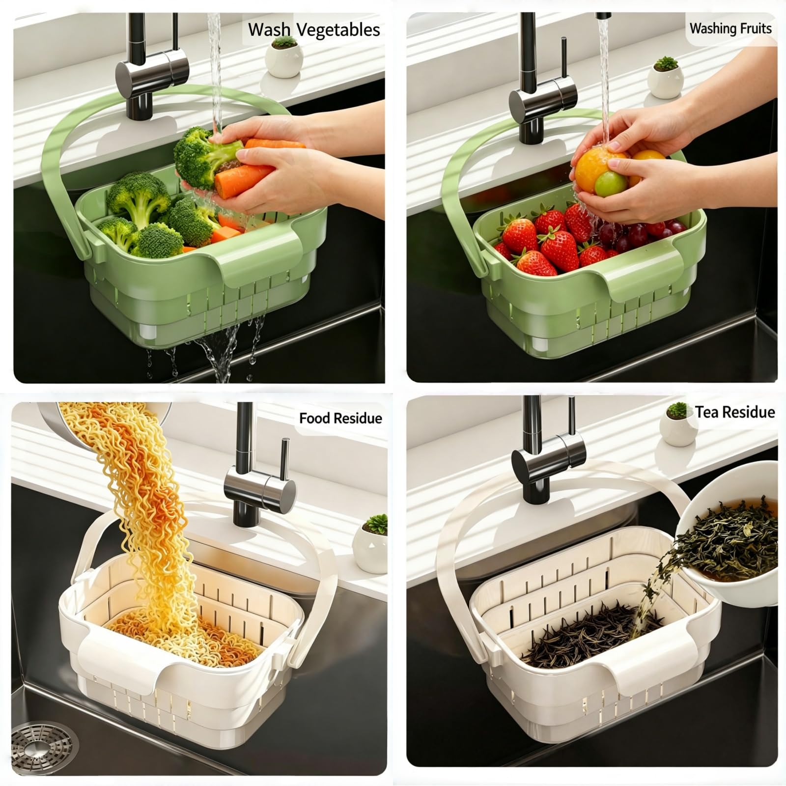 Cesta de drenaje plegable para fregadero, colador de cocina elástico con tapa abatible, colador multifuncional para frutas y verduras, filtro de residuos extraíble mejorado que ahorra espacio (blanco