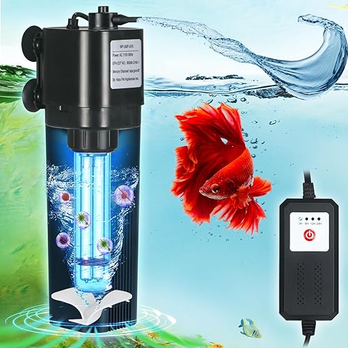 Filtro U-V de acuario para 40-75 galones, 211 GPH Swirl Turbo Design Filtro sumergible interno de tanque de peces de tortuga con temporizador, bomba