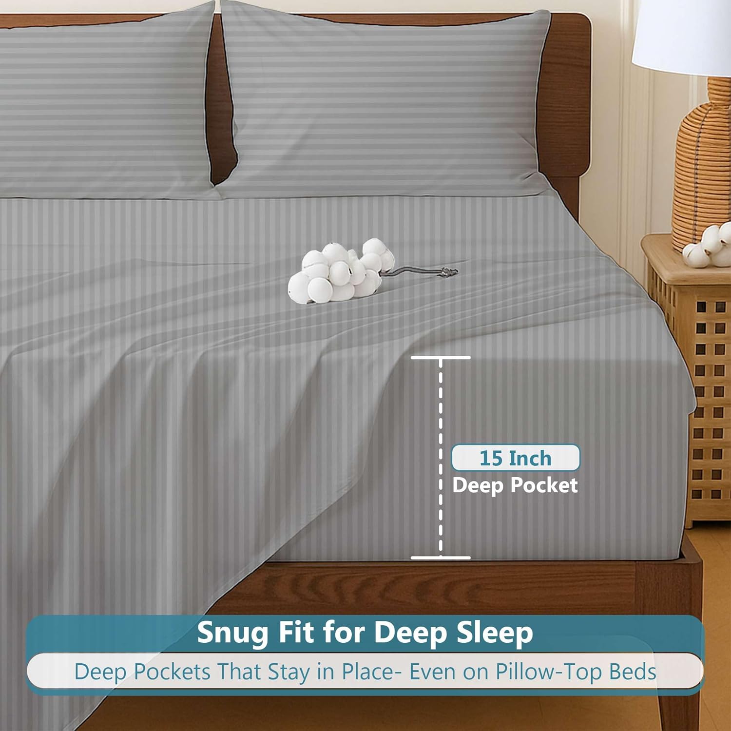 5-Piece Split King Adjustable Sheets - 100% Egyptian Cotton 400-TC, 15 Inch Deep Pocket - Light Grey Stripe