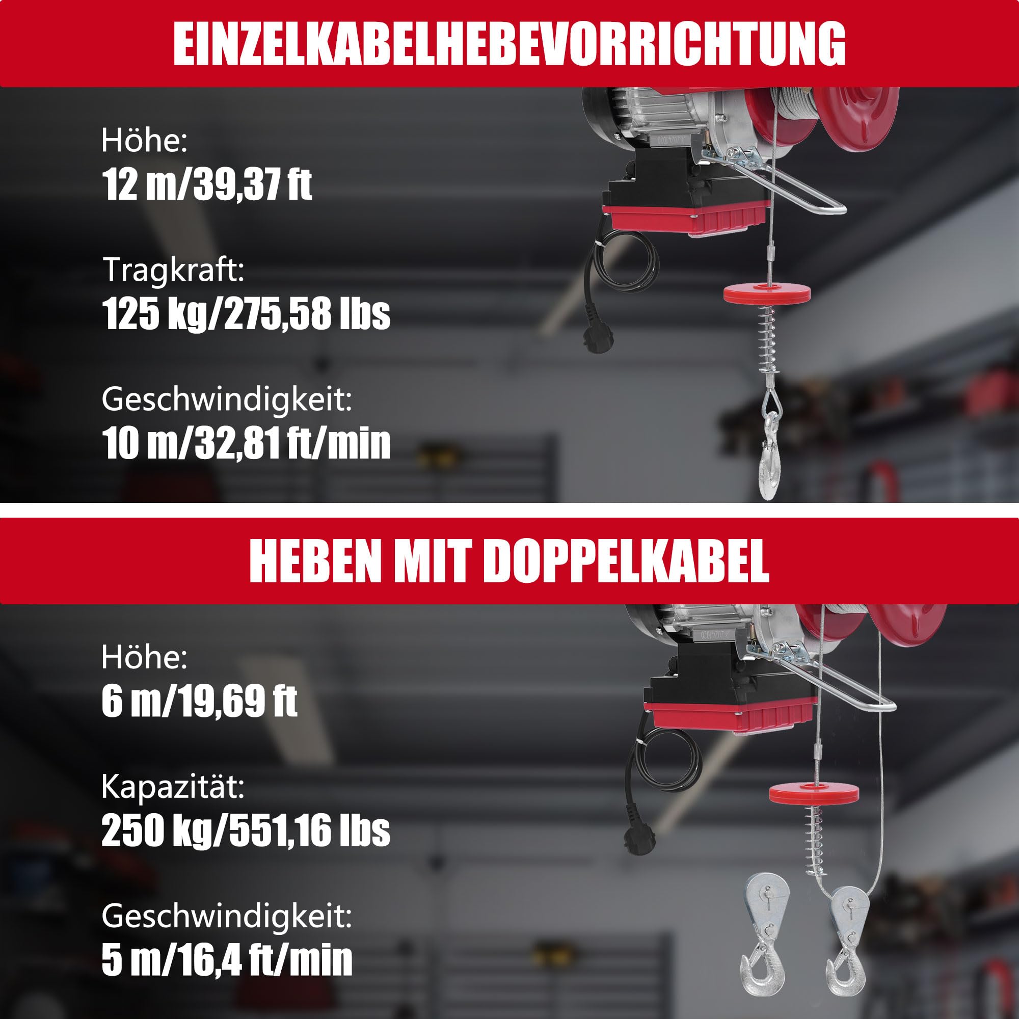 Elektrische Seilwinde 250kg mit 1.15m Schwenkarm 80m Kabellose Fernbedienung 12m Hubhöhe Flaschenzug