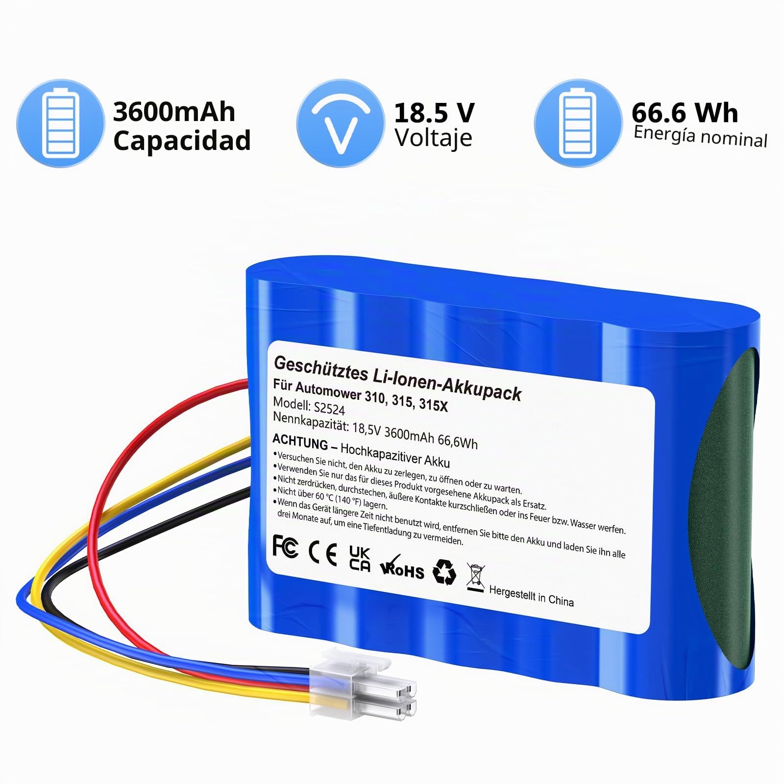 3.6Ah Batería Compatible con Cortacéspedes Husqvarna Automower 310,315,315X | 18.5 V Batería compatible con cortacésped Gardena Sileno R100Li, R130Li, R160Li