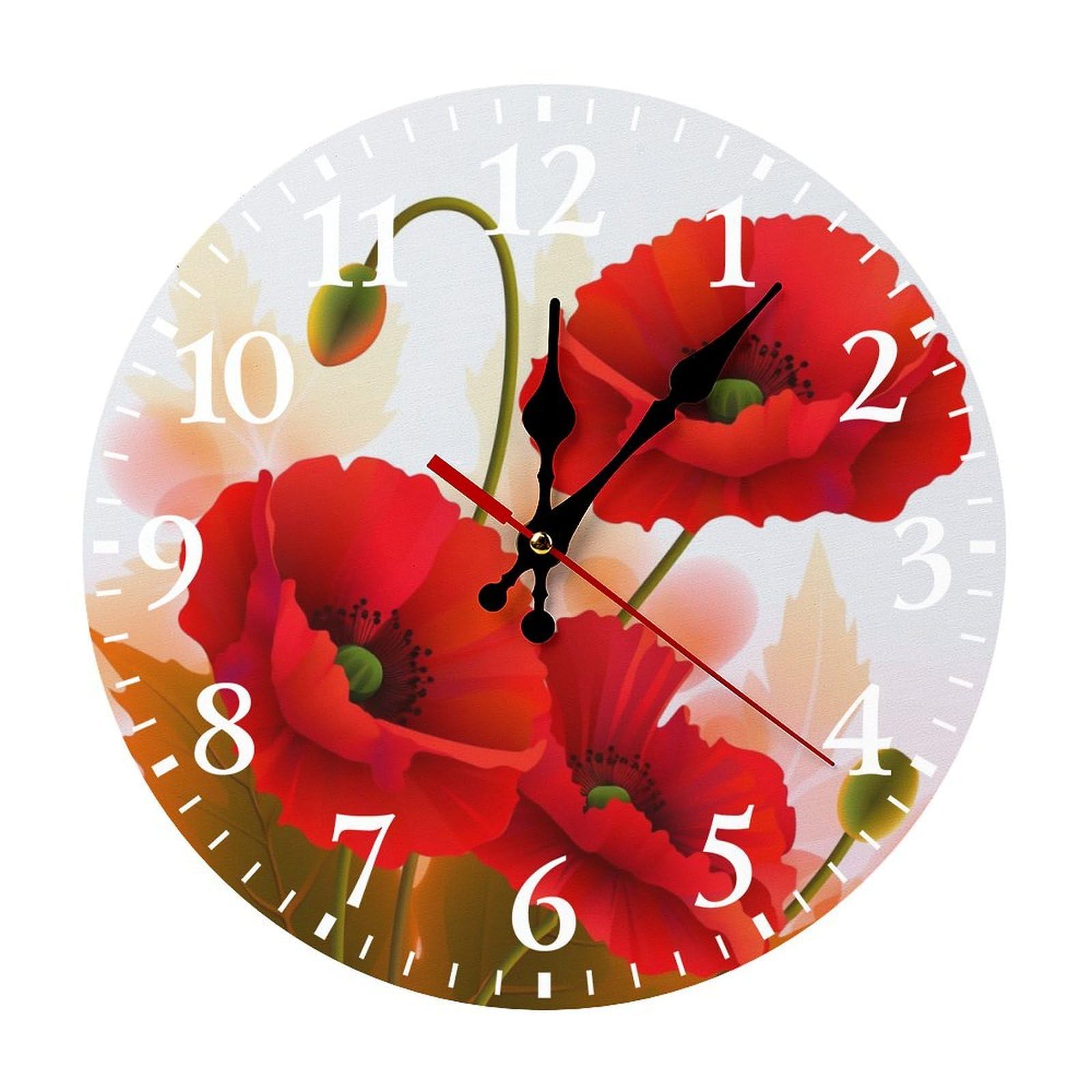 Horloge murale coquelicot blanche ronde de 30 cm avec grands chiffres arabes