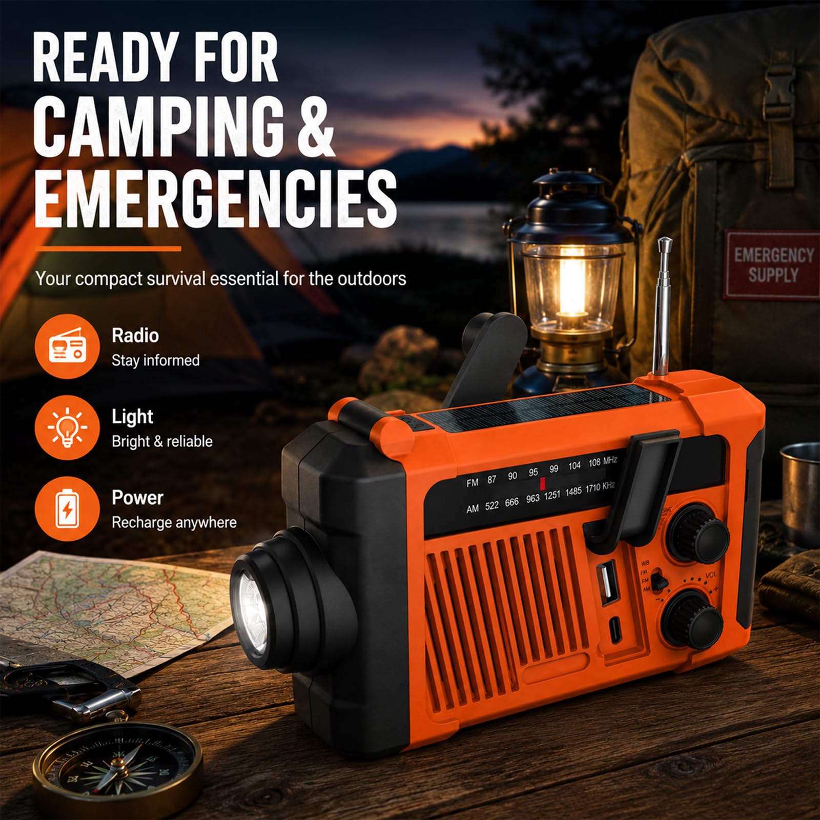Radio d'urgence solaire à manivelle 2000 mAh AM/FM SOS Lampe LED Charge USB Camping