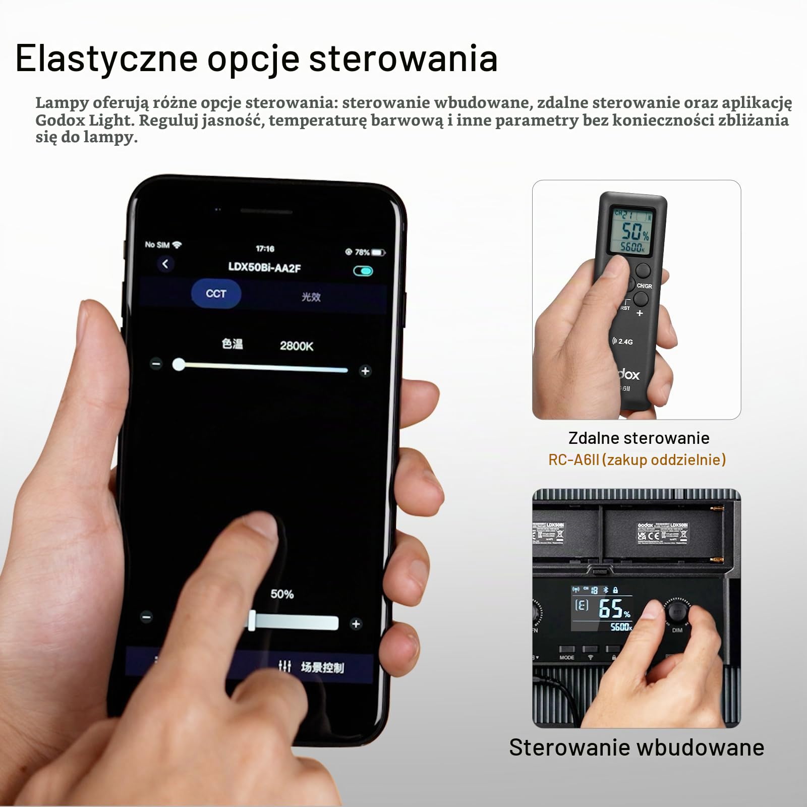 GODOX LDX50Bi 65 W Bi-Color lampa fotograficzna LED, panel świetlny wideo 2800 K – 6500 K, 11 specjalnych efektów świetlnych, CRI≥96 z panelem Soft-Light obsługuje bezprzewodowe sterowanie 2,4 G do