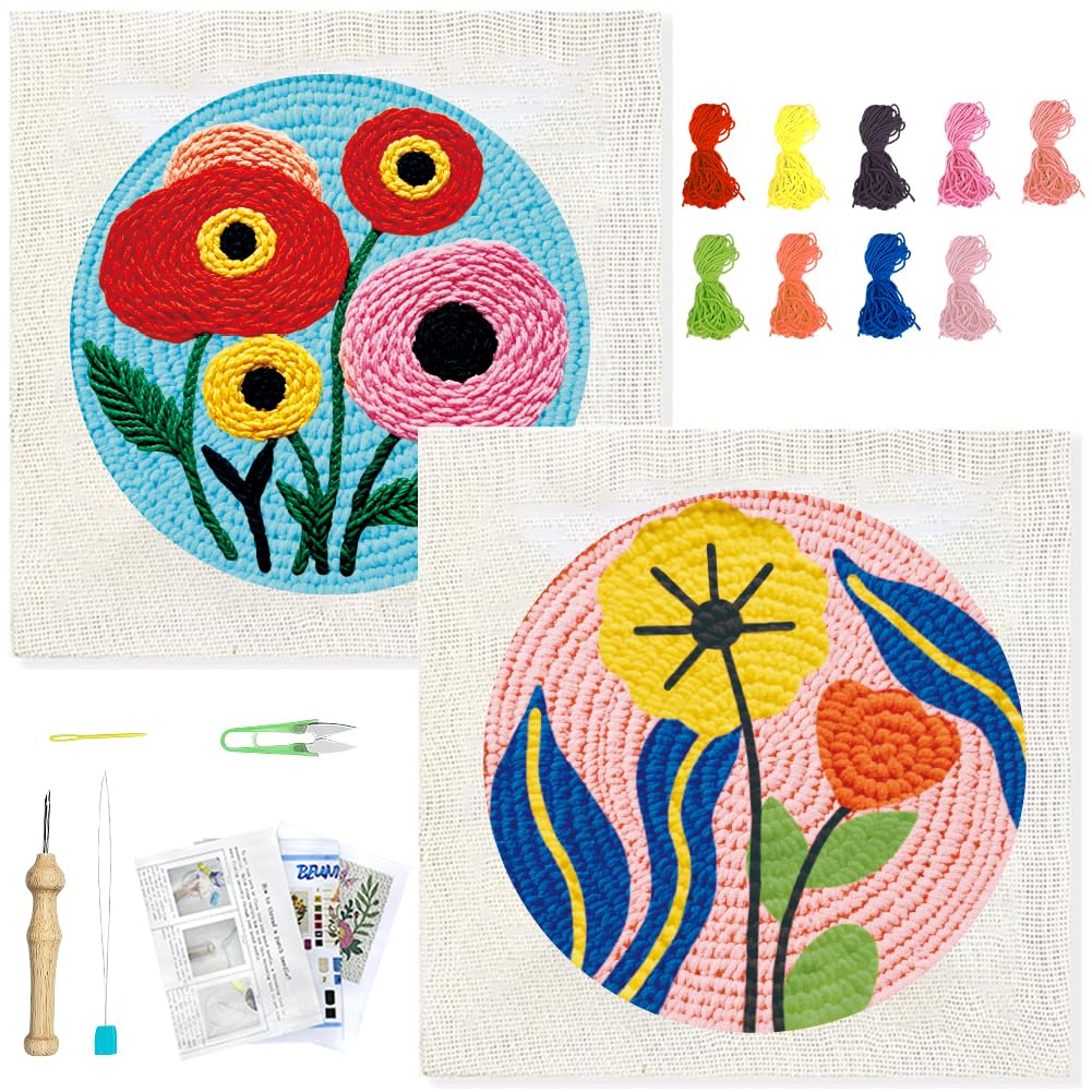 Kit punch needle adulte anti-stress, broderie fleur bohème débutant avec tambour