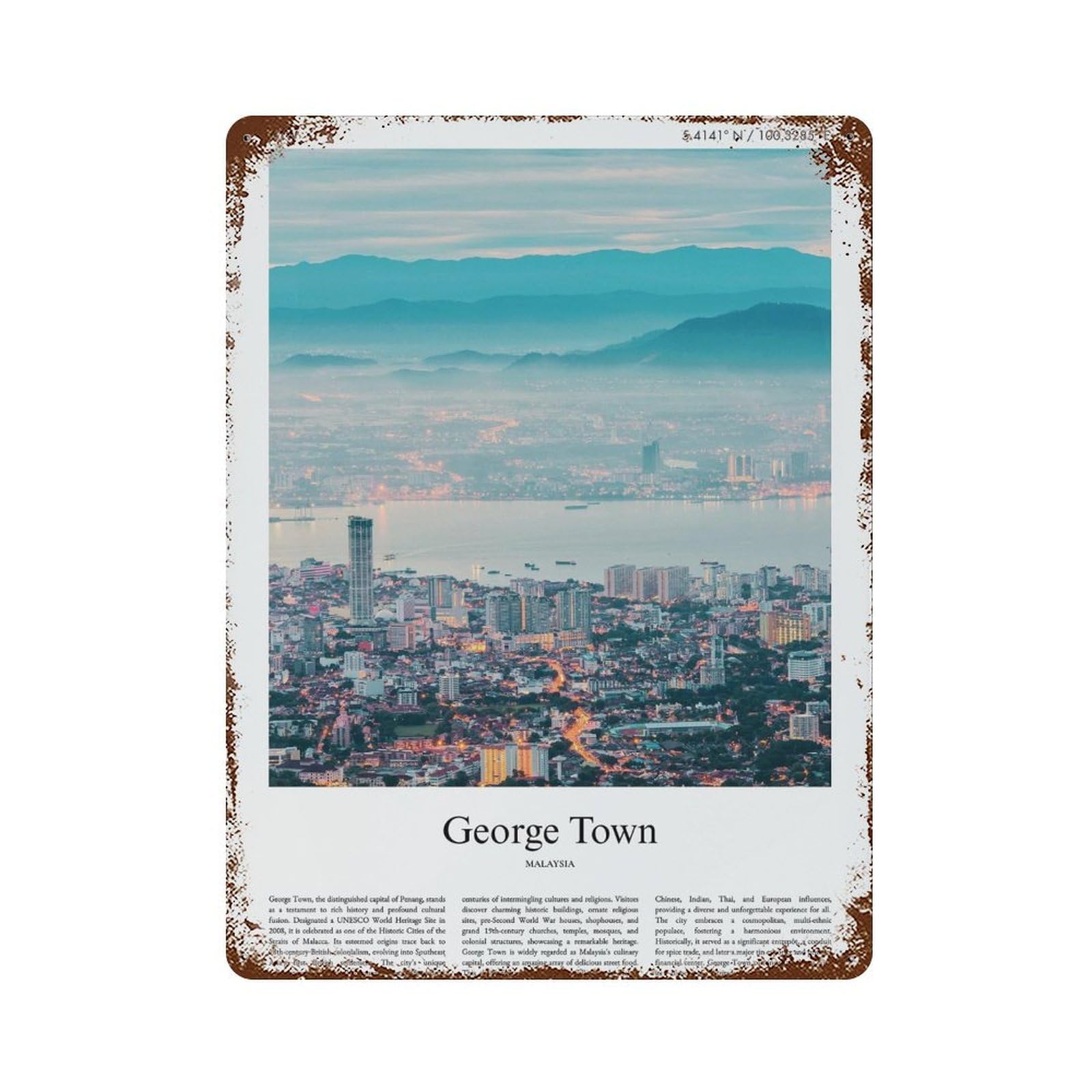 xiaoxiaoshen George Town Malaysia City Scenery Wall Decor Art Metal Tin Poster Modern Home Decor Art Home Bar Shop Decorations Vintage Sign 40x30cm