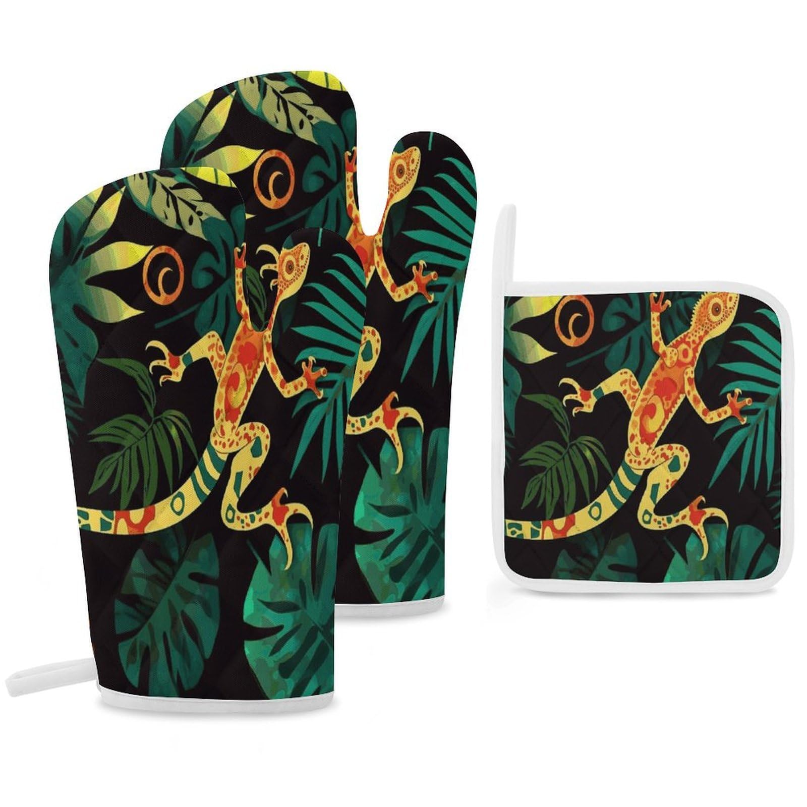 Fekiloot Style Gecko And Tropical Leaves Oven Mitts Funny Heat Resistant,Oven Glove With Hanging Loop,Resistant Hot Pads For Kitchen Baking Grilling Cooking
