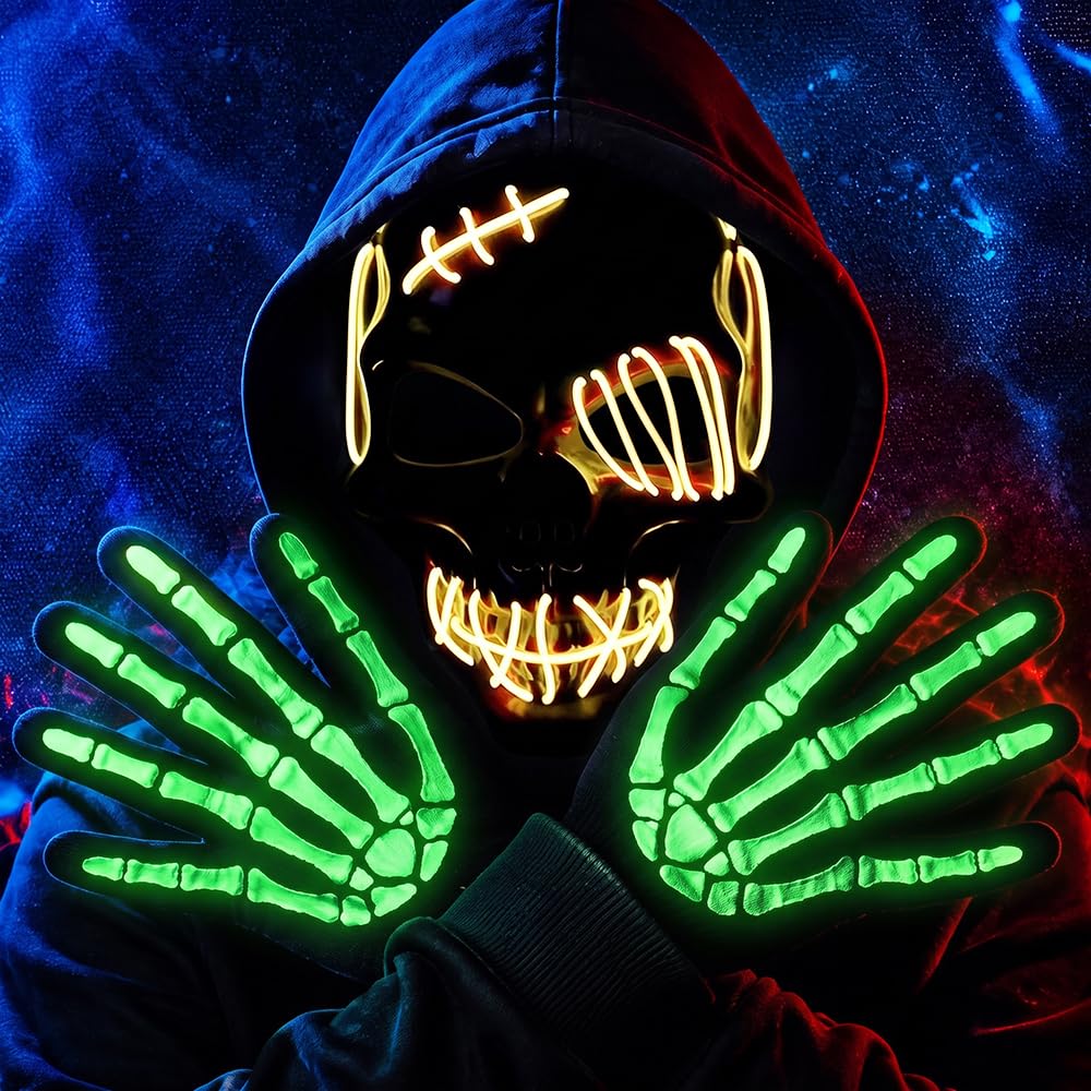 HATFRYF Halloween LED Skull Mask and Gloves, Skull Light Ghost Mask and Gloves, Horror Skeleton Mask for Halloween Christmas Festival Costume Party - Yellow