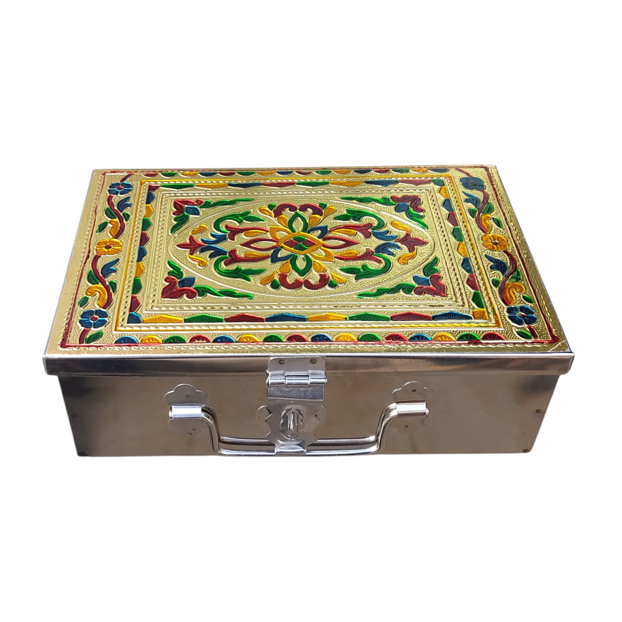 GinoSet® Stainless Steel Storage Box, Cash Box, Pooja Peti, Organizer, Vanity Storage Box, Jewellery Safe Bank Locker, Cash Box With Handicrafts Digital Meena Kari Design (Red, 9 Inches)-picture-18