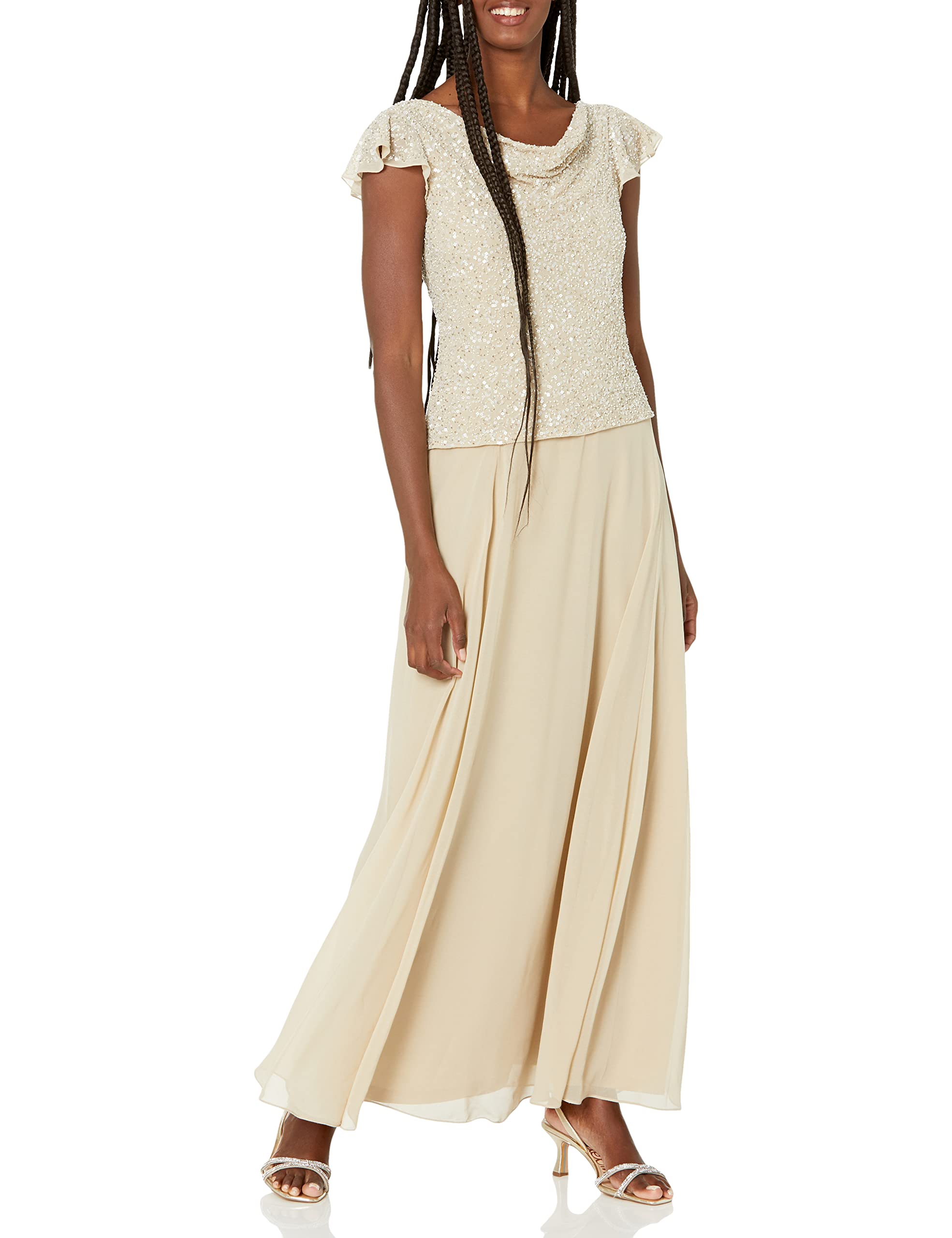 Photo 1 of J Kara Women's Beaded Cowl Neck Flutter Sleeve Long Dress 14 Plus Champagne Multi