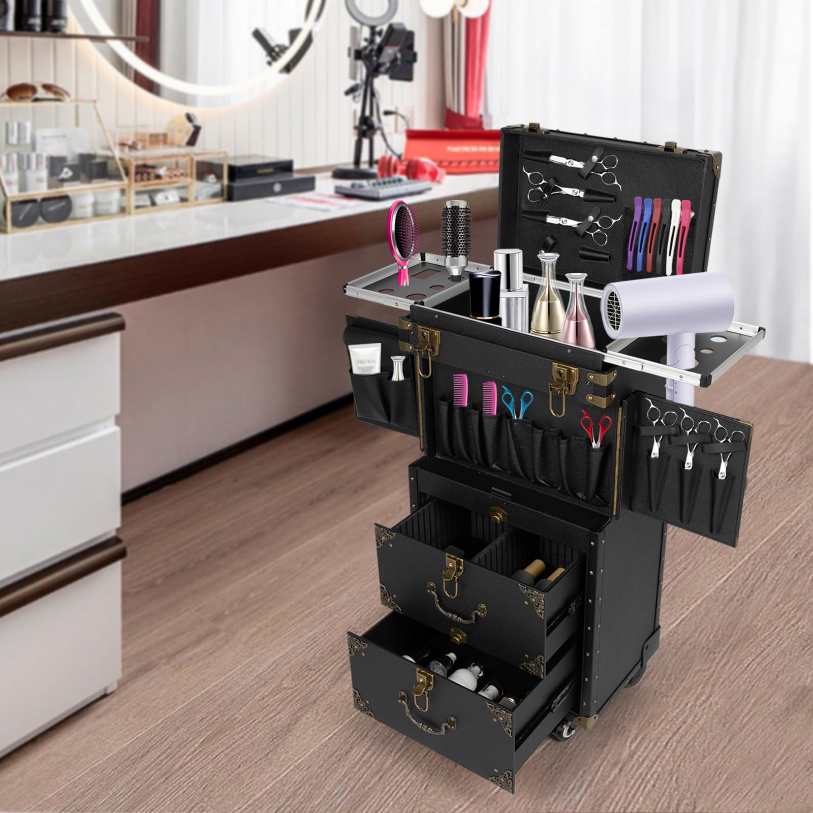 Maletín de peluquería con ruedas con cerradura, maletín de cosméticos con 3 niveles para peluquería y estilista, estuche de belleza con cerradura de combinación
