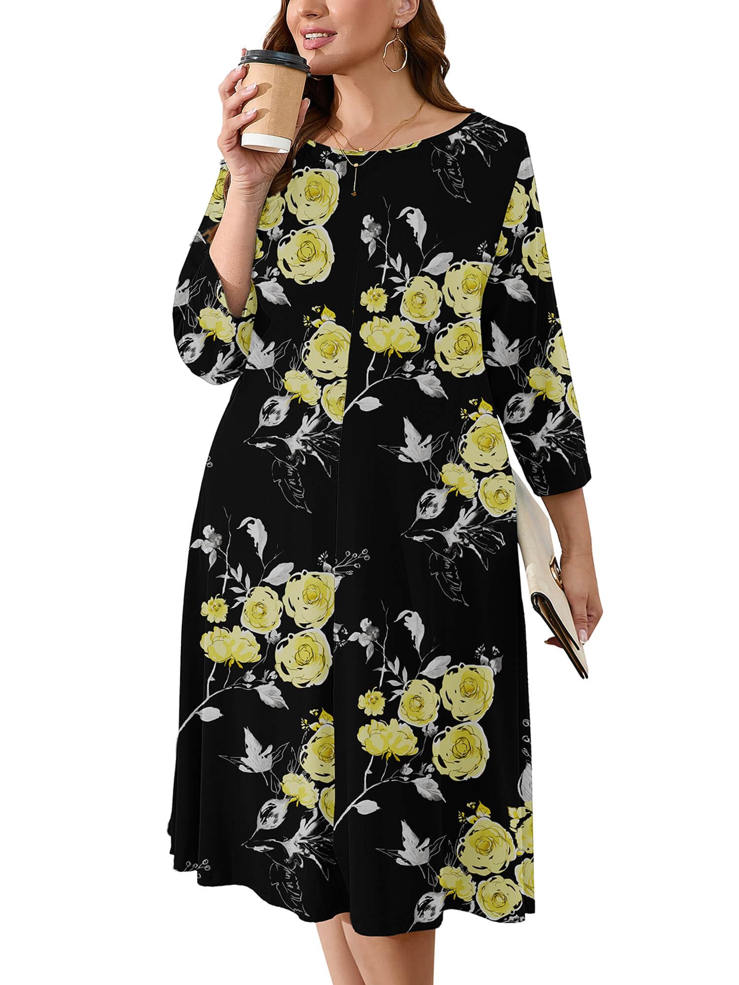 AusLook Women's Plus Midi Dresses Crew Neck A Line 3/4 Sleeves Casual Elegant Loose Wedding Vacation Dress with Pockets