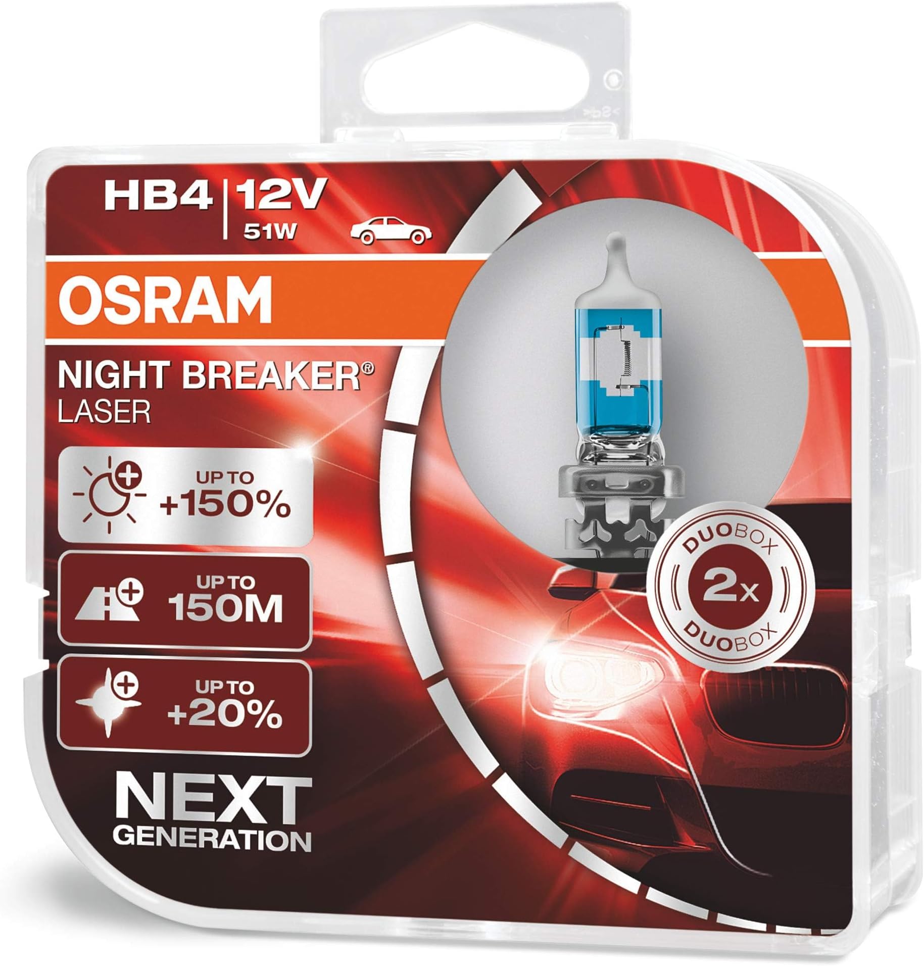 OSRAM NIGHT BREAKER LASER HB4, next generation, 150% more brightness, halogen headlamp, 9006NL-HCB, 12V, passenger car, duo box (2 lamps)