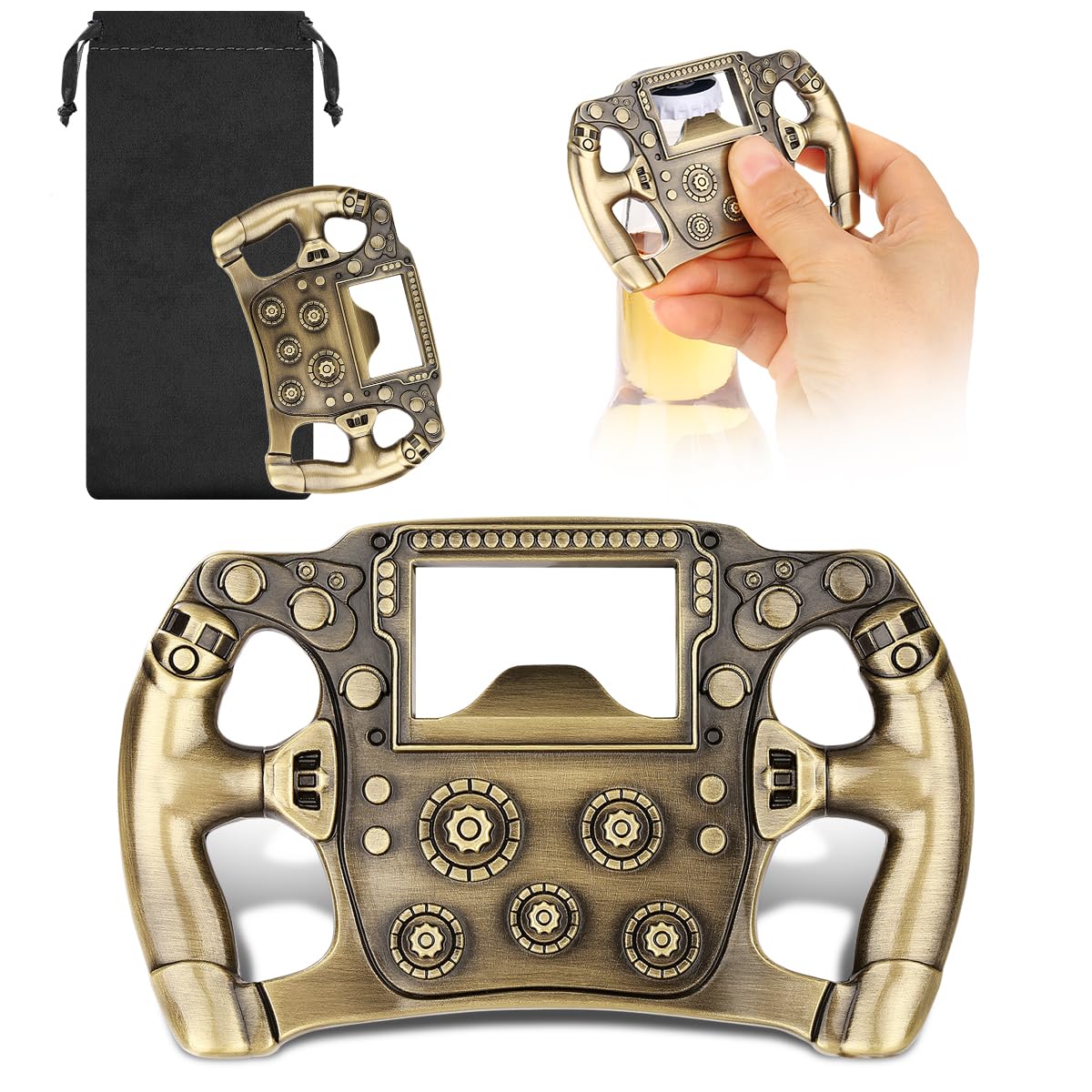 LULLEA Racing Steering Wheel Bottle Opener – Racing Car Gifts for Men, Dad – Bronze Bar Accessory with Gift Bag – Perfect Gifts for Birthday, Fathers Day, Christmas, Pub Nights, Garden Parties