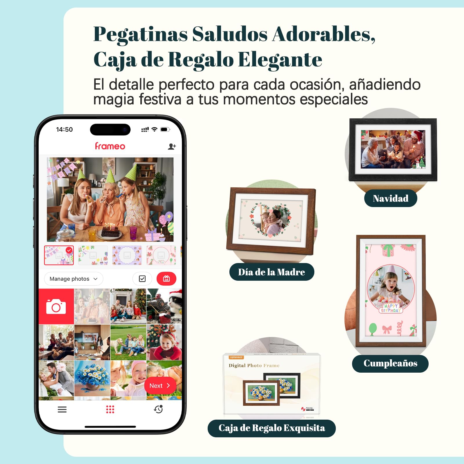 Frameo Marco de Fotos Digital WiFi 10.1 Pulgadas Negro Madera de Roble Memoria Incorporada 32GB, HD 1280x800 IPS, Pantalla Táctil para Fotos/Videos, Rotación Automática, Montaje en Pared