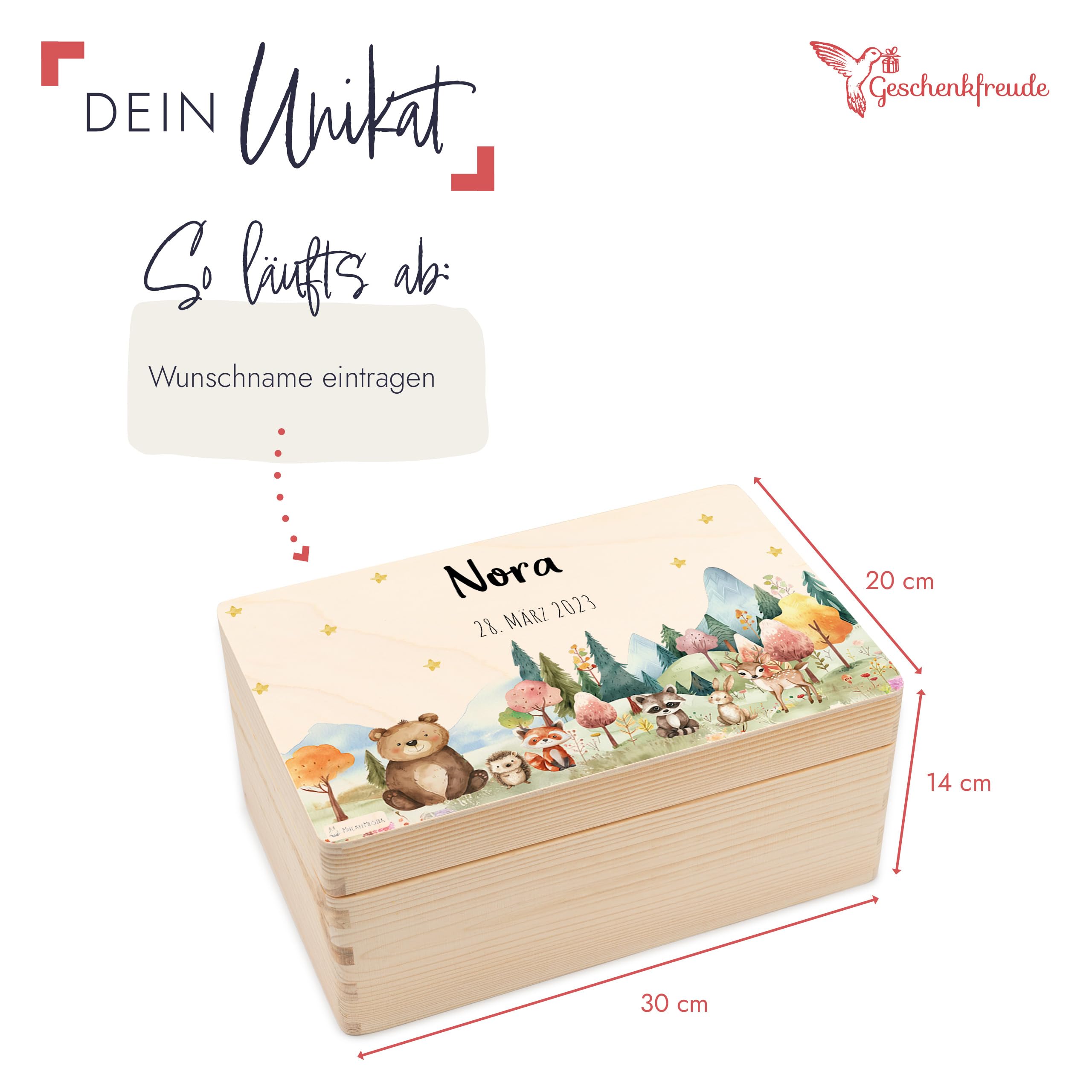 Geschenkfreude Erinnerungsbox Baby Personalisiert - 30x20x14cm - UV-Druck - Individuelle Aufbewahrungsbox - Erinnerungskiste aus Holz - Taufgeschenk - Geschenke zur Geburt - Waldfreunde Lichtung