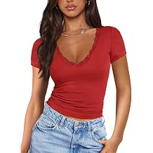 Imily Bela Womens Sexy V Neck T Shirts Summer Lace Short Sleeve Slim Fit Y2k Going Out Crop Tops