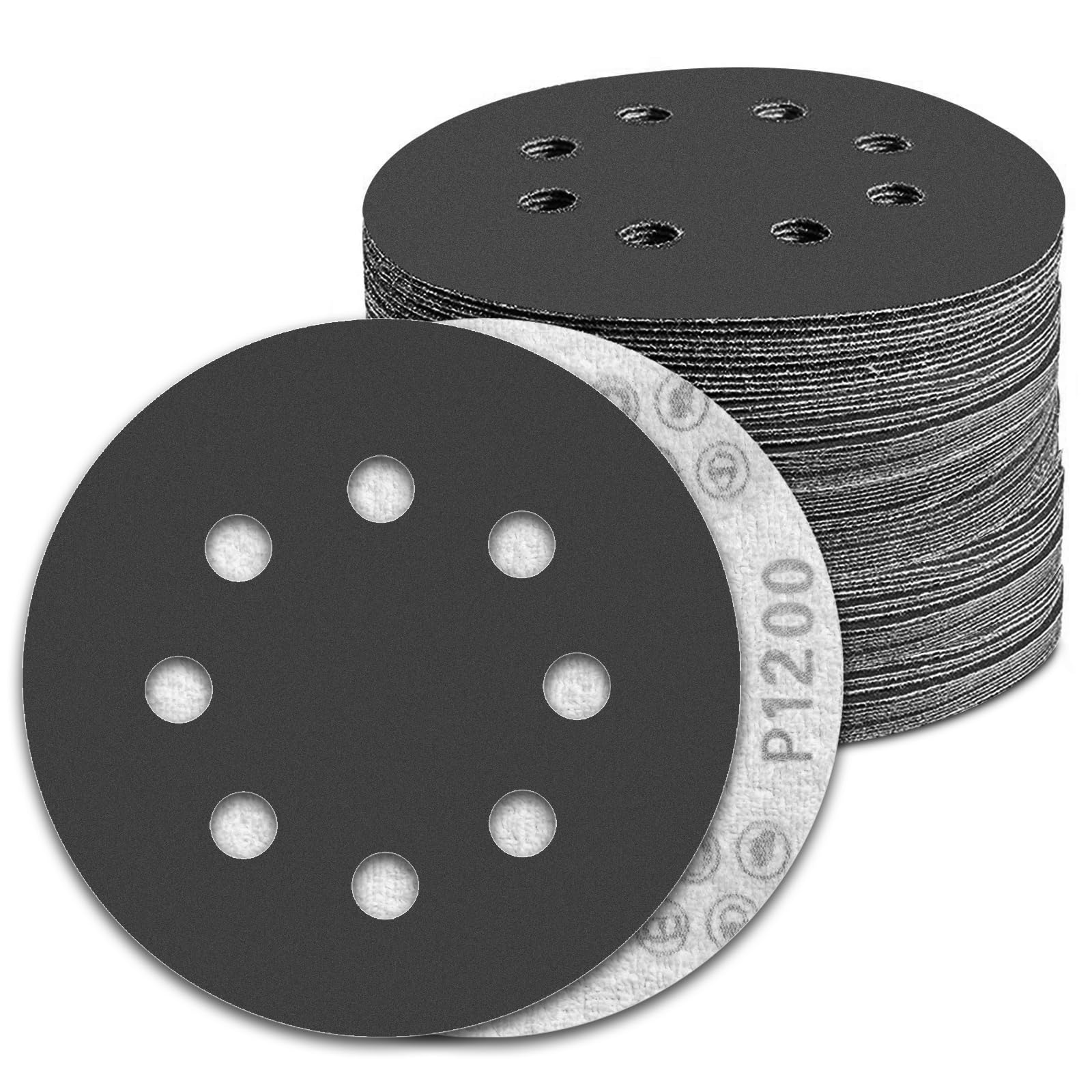 KONGMING 100 PCS 125mm Wet Dry Sanding Discs 8 Hole Grit 1200 Hook and Loop Silicon Carbide Sandpaper for Random Orbital Sander