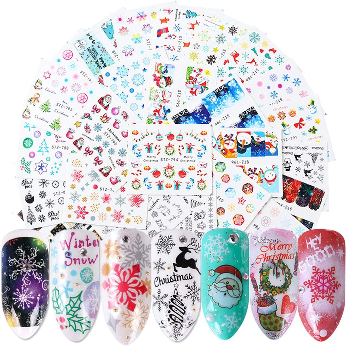 BFY Christmas Nail Art Stickers Decals Nail Art Supplies 30 Pcs Santa Claus Snow Bell Christmas Tree Nail FWater Transfer Decals Tips Wraps Nail Art Accessories for Women Holiday Party Christmas Decor