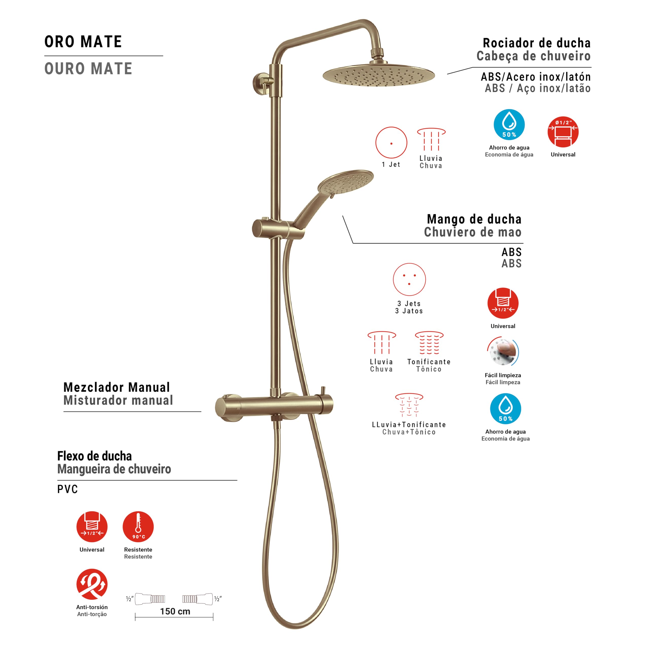 Gedy STAR PLUS 03 Columna de ducha oro mate con grifo monomando, conjunto de alcachofa 3 posiciones, cabezal de ducha; flexo 150 cm, extensible 92-146 vm