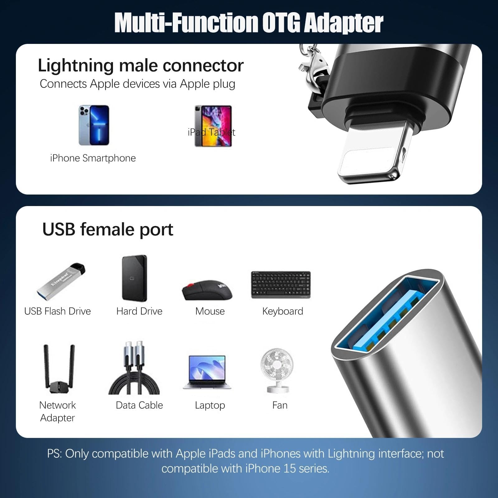 Adattatore USB a Lightning,2pcs USB Femmina Jack Cavi per Apple Maschio Spinotto Convertitore USB Cavo Presa Accessori 3.0 OTG Camera Adapter Supporta Hub, Mouse, Tastiera, Lettore di Schede