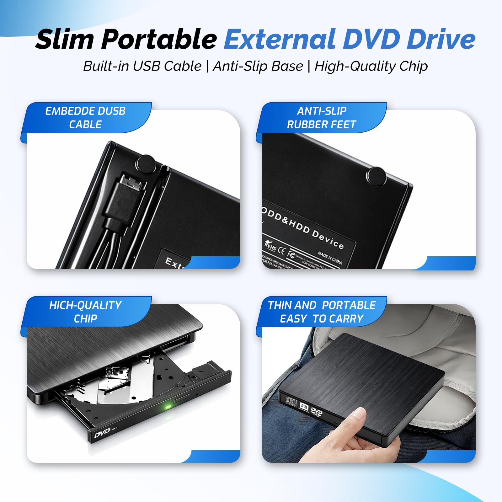 External CD DVD Drive for Laptop, Slim Portable Player CD DVD RW Writer Reader Burner, USB 3.0 and Type-C Optical, Compatible with Laptop Desktop PC Windows XP/7/8/10/11 Mac - 4