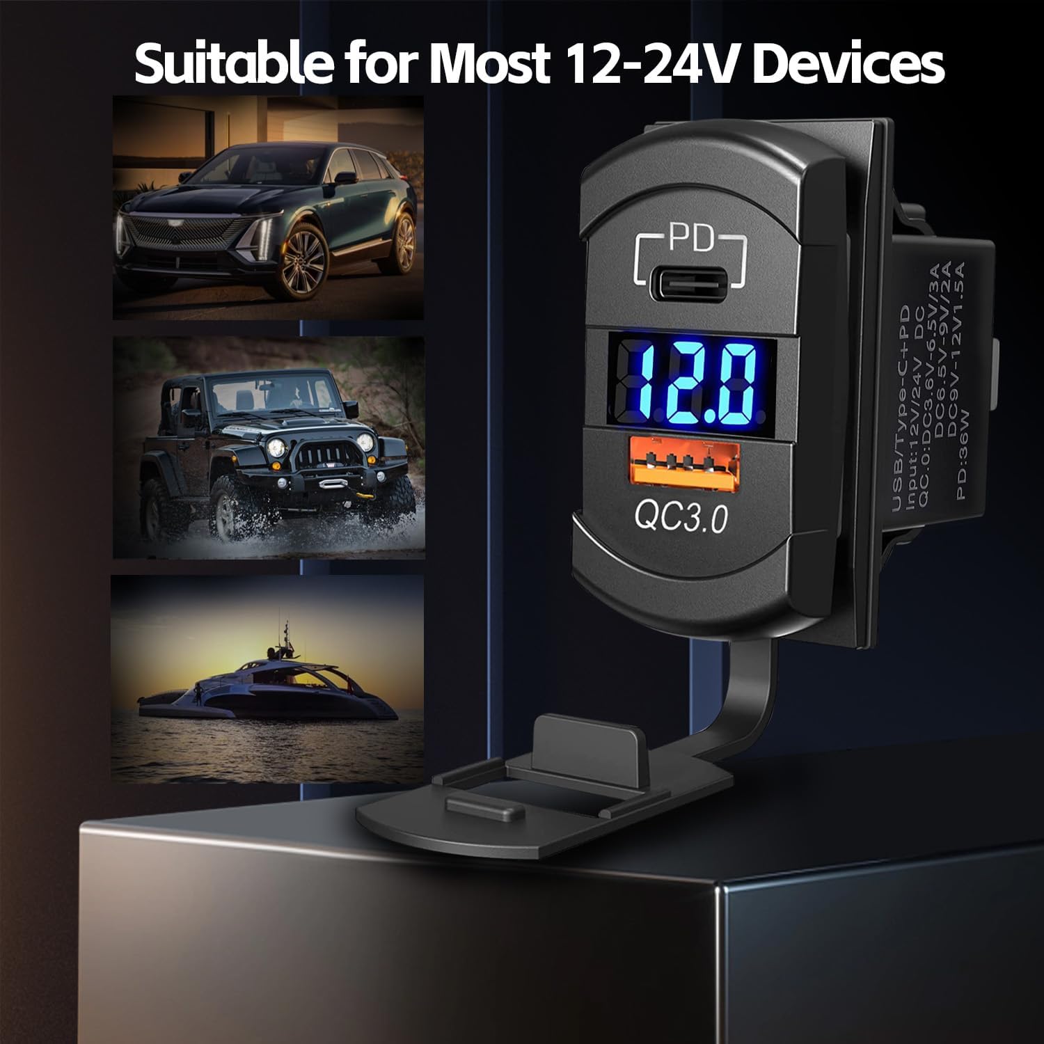 Adaptador de cargador rápido USB C para coche, compatible con panel de interruptor basculante, cargador USB WNNBTOVN de 54 W, enchufe ABS, pantalla inteligente para voltímetro
