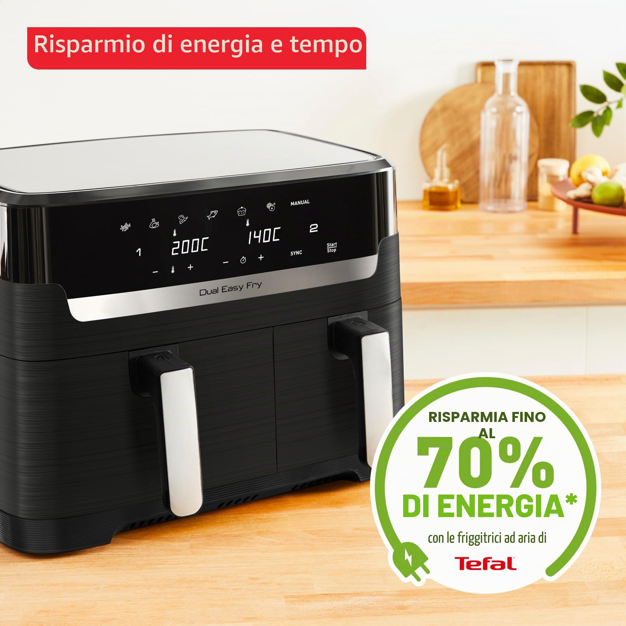 Tefal Friggitrice ad aria a doppia camera EY901810 Dual Easy Fry | Capacità 5,2/3,1 L | Due cassetti indipendenti | 7 programmi automatici | Risparmio energetico | Nero