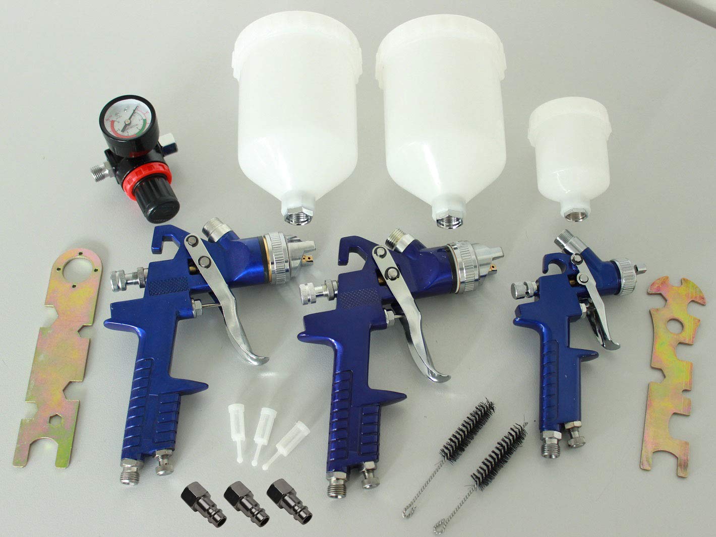 HVLP Lackierpistolen 3er Set Spraypistole Lackierpistole Farbsprühpistolen Druckminderer Spritzpistole im Alu-Koffer Farbspritzpistolen