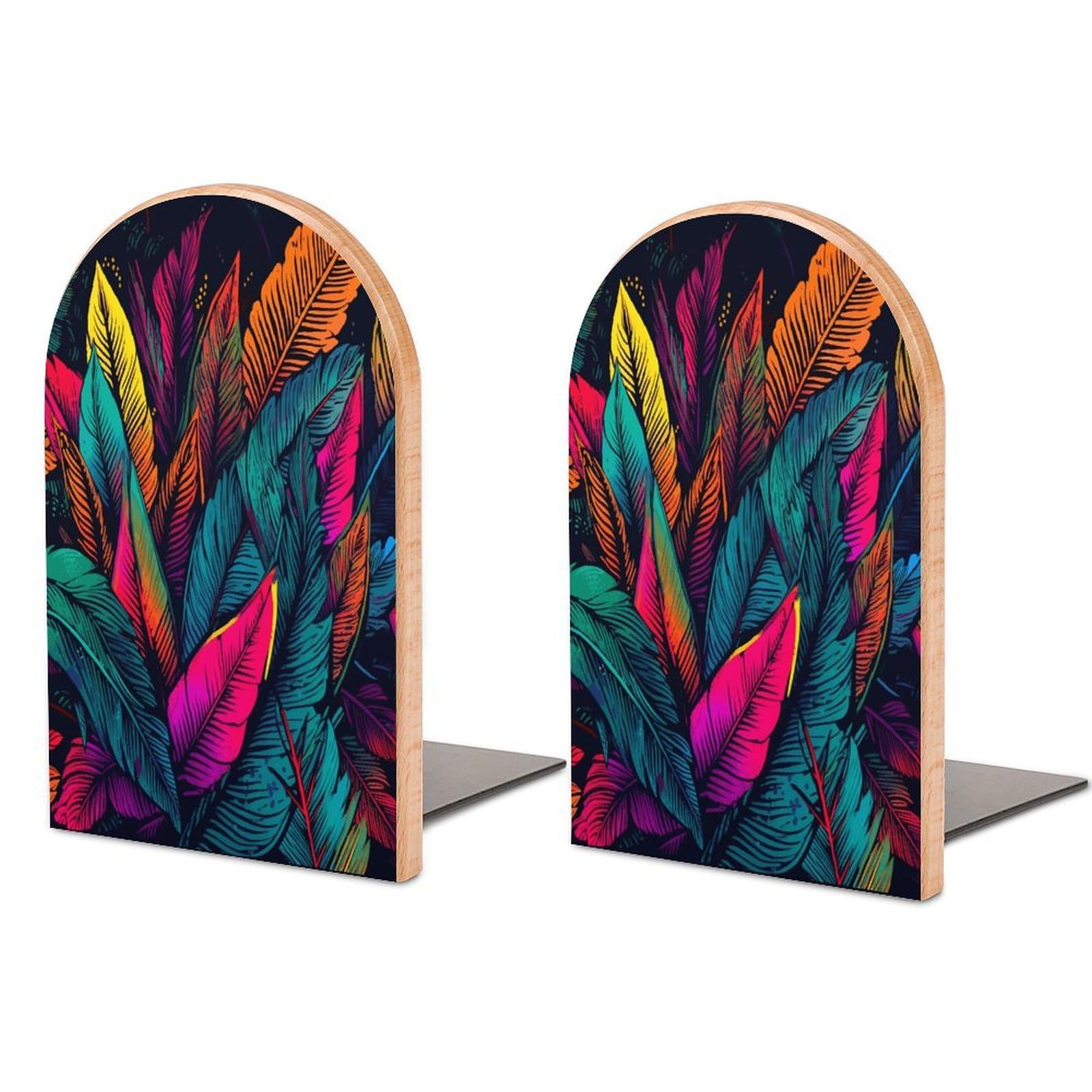 Colorful Tropical Leaves Pattern Bookend Wood Book End for Shelves Heavy Duty Non-Slip Wooden Bookend Support Universal Economy Bookends Fancy Modern Decorative Book Accessories 1 Pairs