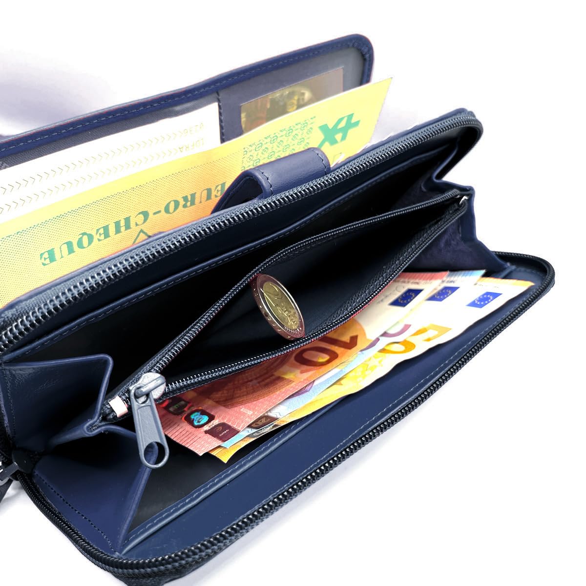Charmoni - Porte chéquier Talon en Haut - Portefeuille Blocage Anti RFID - Porte Carte Monnaie - Tout en Un - Cuir Vachette - Femme Homme (Bleu)