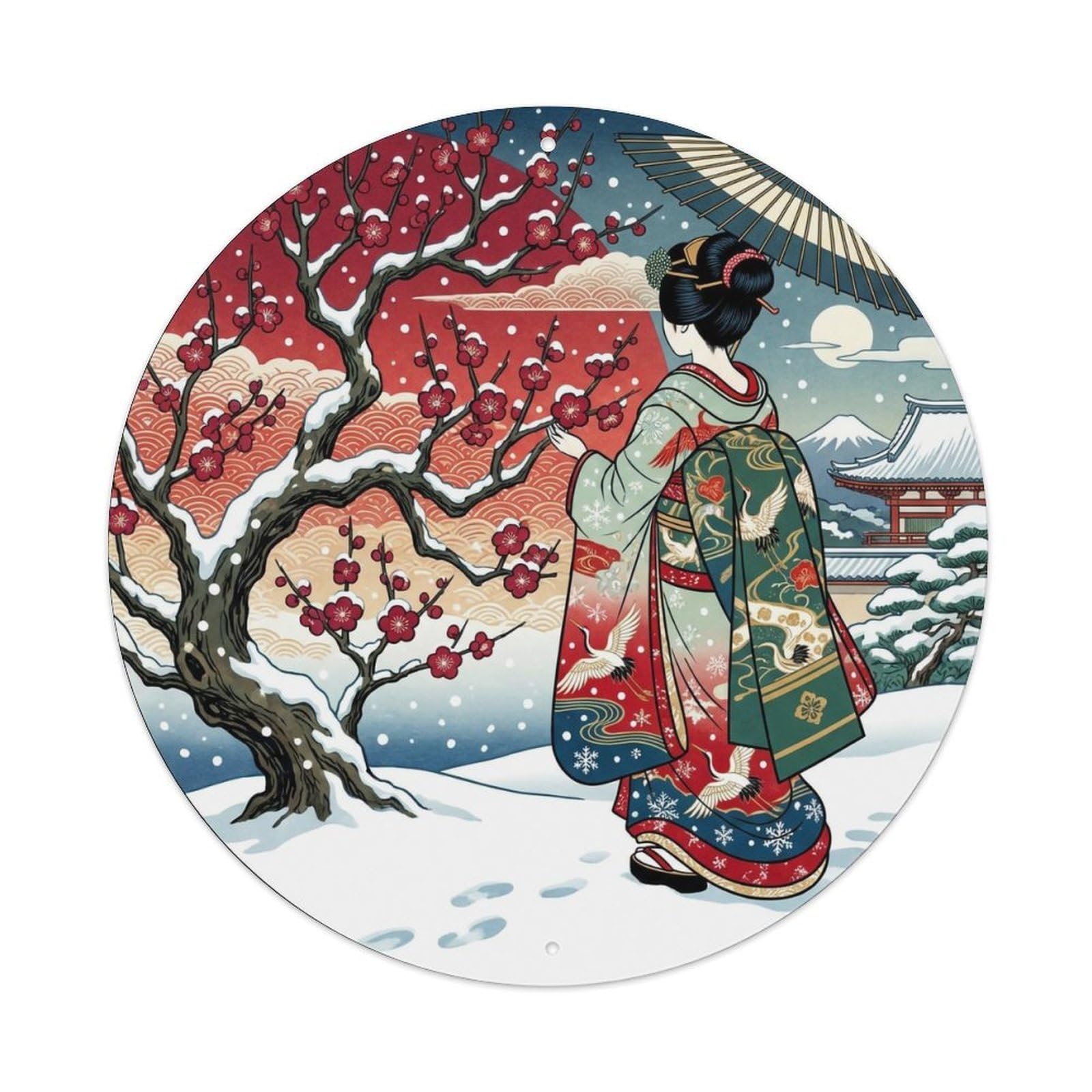 Japanese Geisha Snow Plum Blossoms Admiring Winter Metal Tin Sign