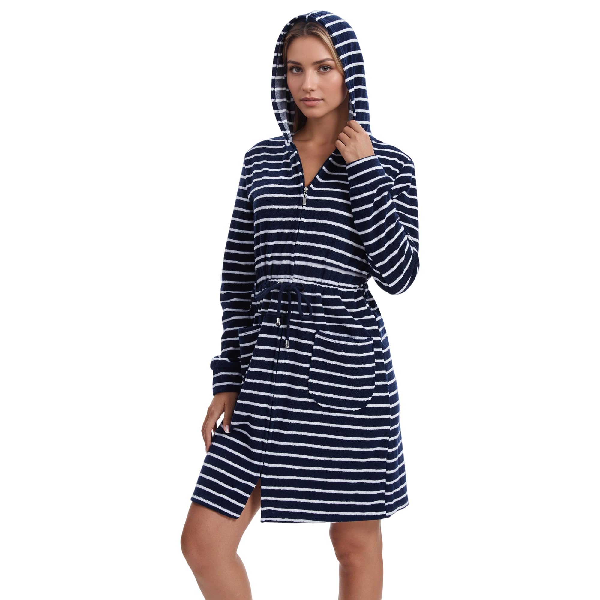 Albornoz de rizo para mujer a rayas con capucha cremallera con cinturón suave microfibra manga larga bata