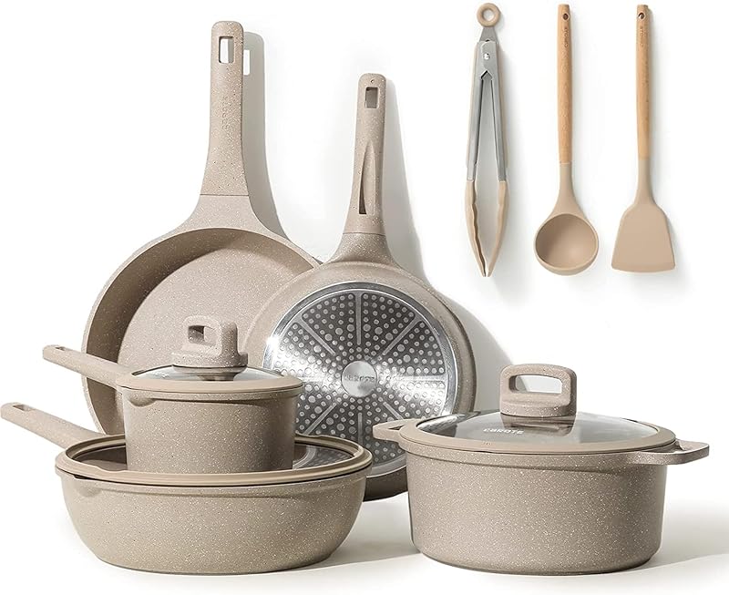 CAROTE 11 Részes Gránit Edénykészlet Tapadásmentes Indukciós Serpenyők 24/28cm Fazék Lábas Üvegtető Barna