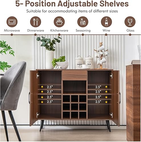 Miniatura 6 de COSTWAY Aparador de buffet, moderno servidor de buffet con estante extraíble para 9 botellas, estantes y cajones ajustables, gabinete de barra de