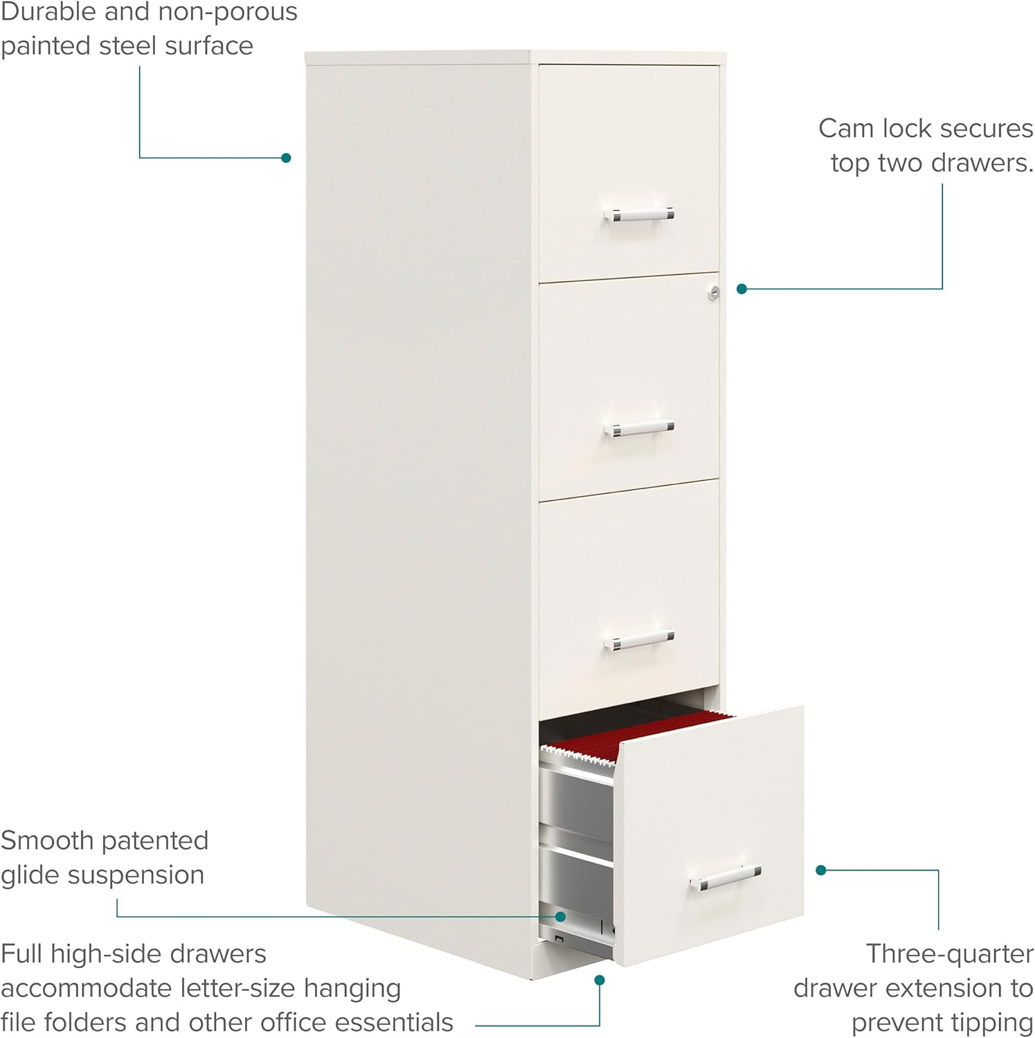 Space Solutions - 4 Drawer Fully Assembled Vertical Steel File Cabinet, Home & Small Office Use, Letter-Size, Locking, Pearl White