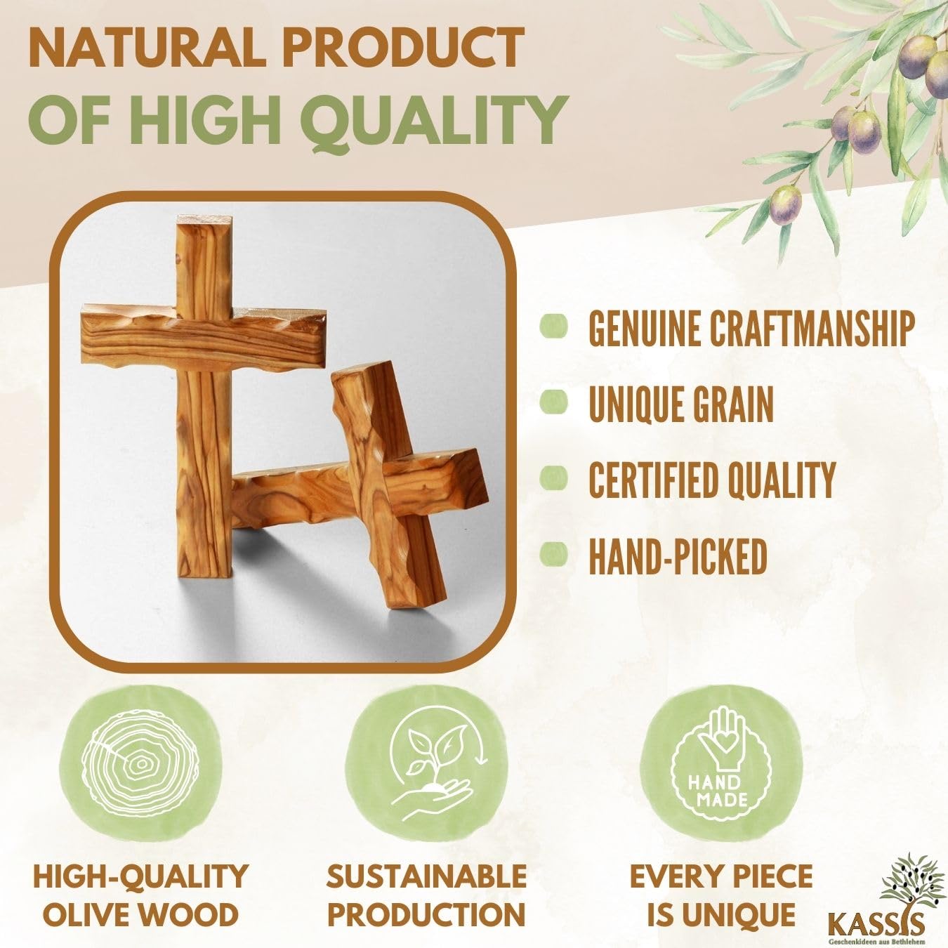 KASSIS Olive Wood Hanging Wall Crucifix, Simple Design 20 cm, Handmade Cross from Bethlehem, Confirmation - Image 3