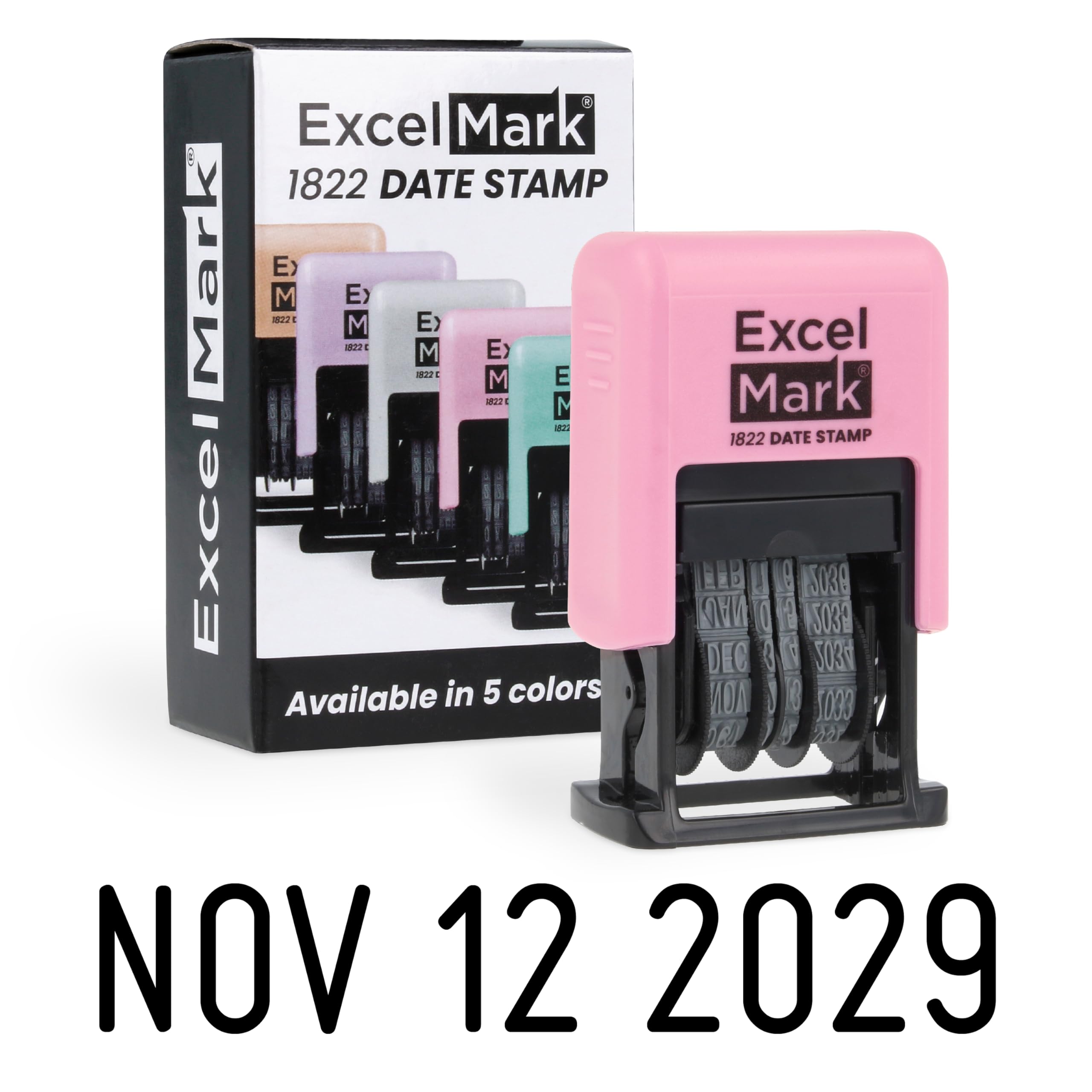 ExcelMark 1822 Date Stamp – Perfect for Shipping, Receiving, Expiration and Due Dates (Black Ink, Pink Mount)