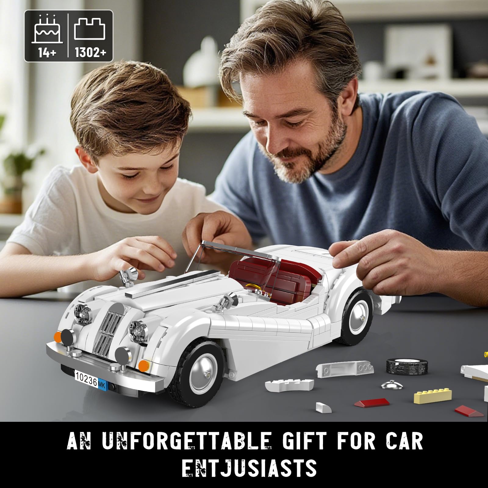 Mould King 10236 MOC Technique Vintage Cabriolet Sportwagen Modèle Pièces de Serrage Ensemble, MOC Vieille Voiture Modèle Pièces de Serrage Ensemble für Jugendliche/Adulten Collector (1302+ pièces)