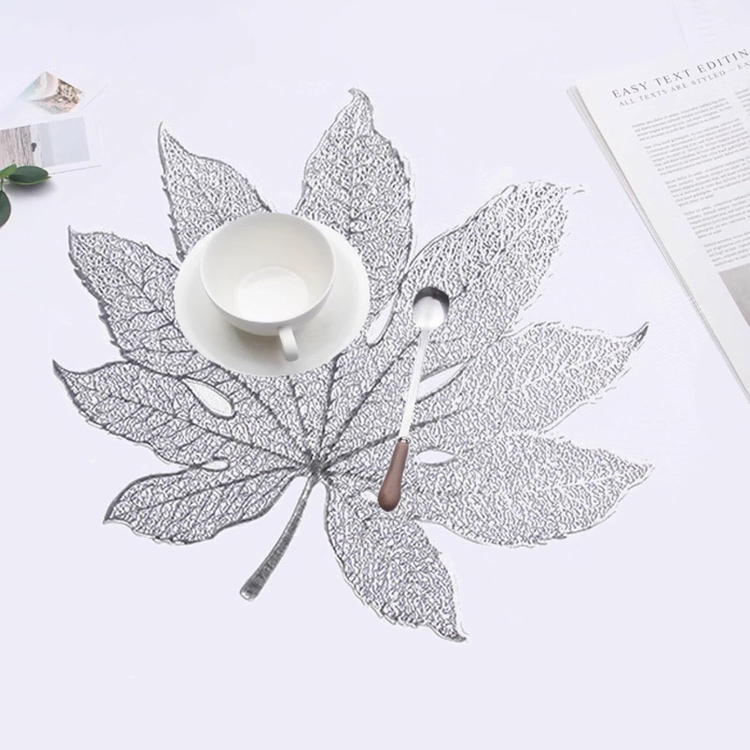 Placemats Set of 6, Vinyl Table Mats Hollow Maple Leaf Place Mats 16.5“×16.5"" Washable Dining Table Placemats for Thanksgiving Wedding Party Kitchen Decorations (Silver), JS016