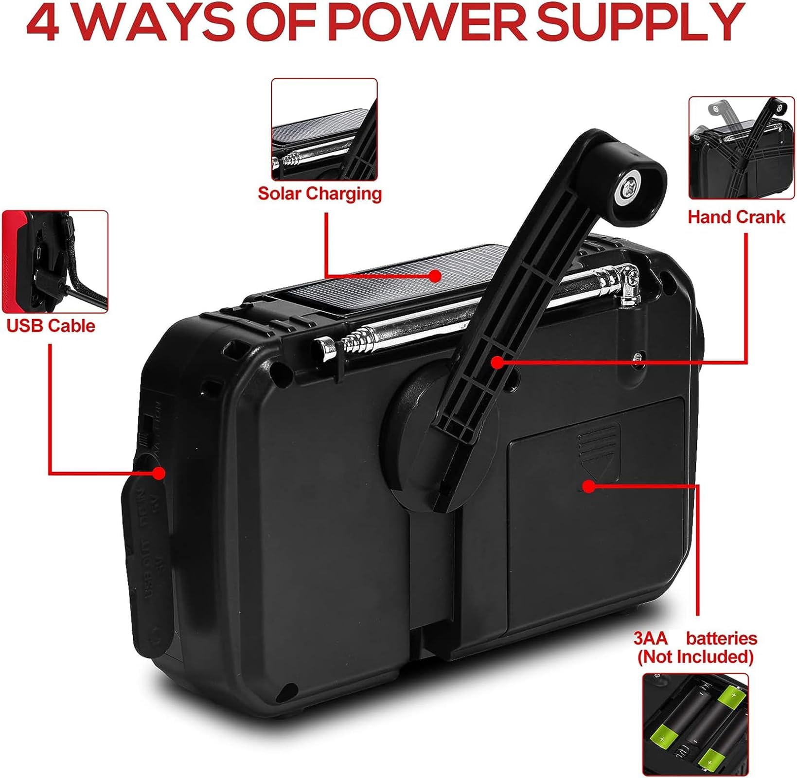 Radio Solaire Portable Radio d'urgence Météo 2500 mAh Radio à Manivelle avec AM FM Radio Dynamo Charge de Téléphone avec Lampe LED Alarme SOS Câble USB pour Randonnée Camping