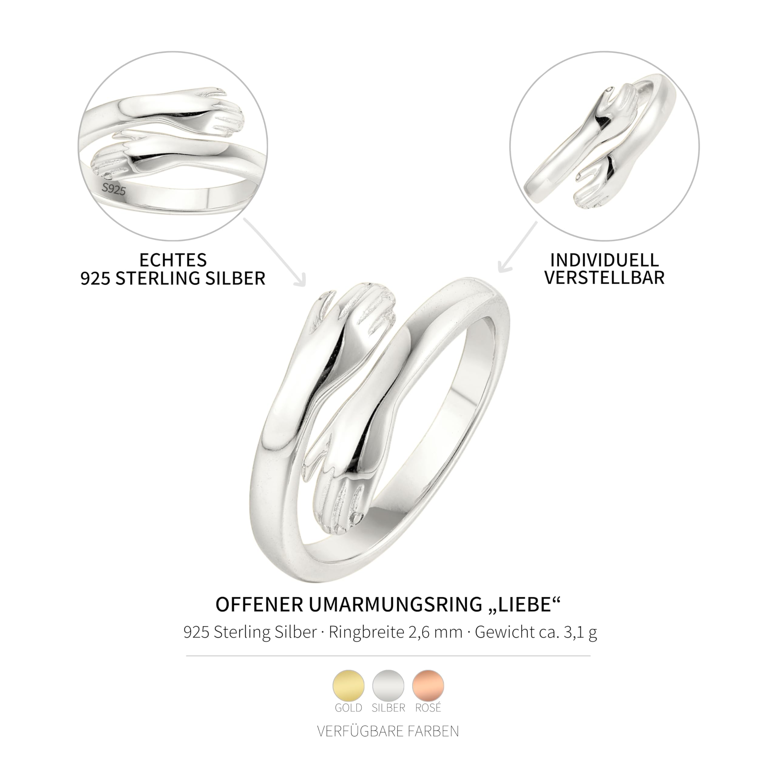 Anello abbraccio in argento Sterling 925, anello aperto, regolabile, idea regalo, Adjustable (Ring size 41-76), Argento sterling, Non pietra preziosa