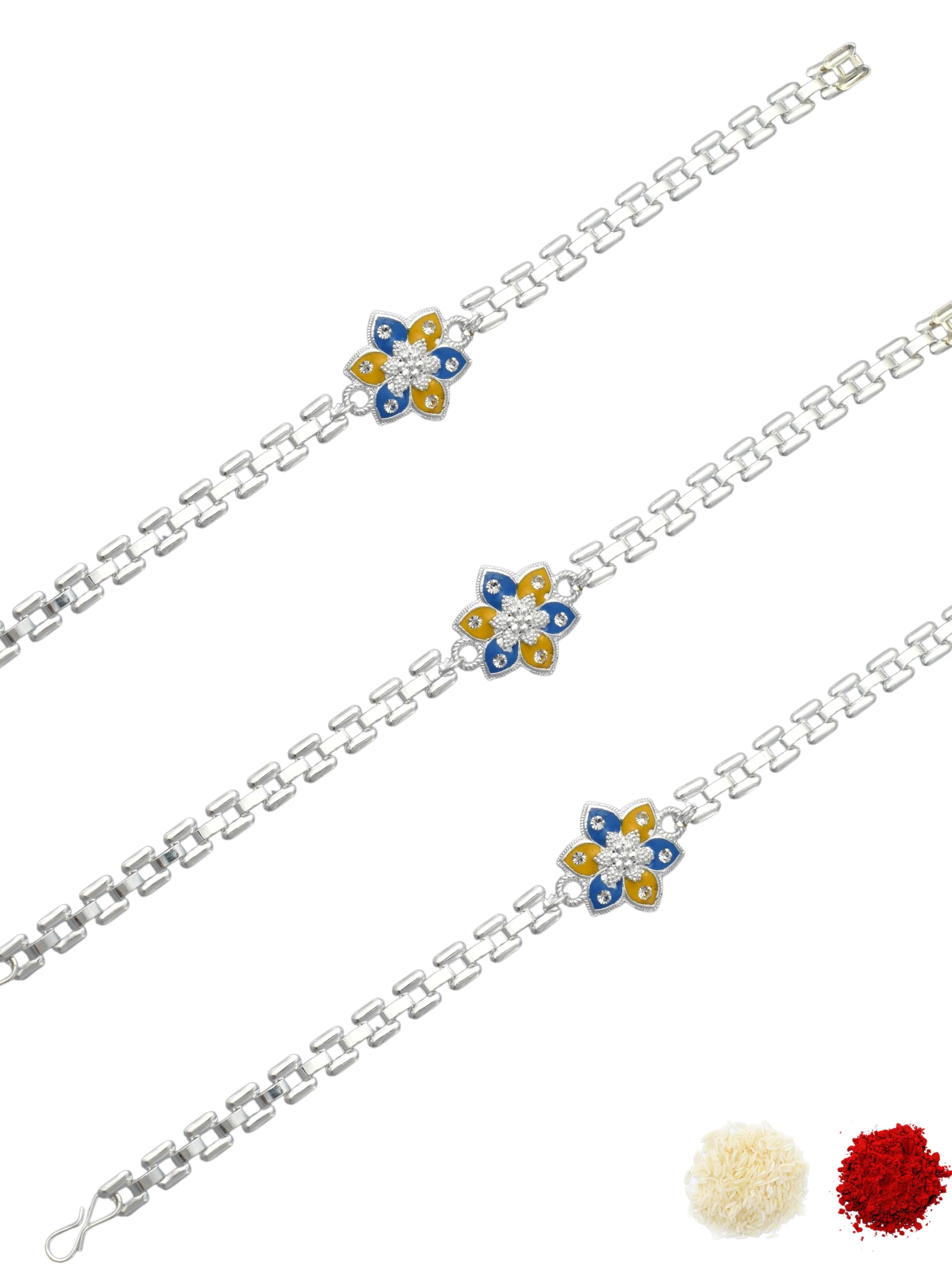 Premium Multi-coloured Minakari Finish Silver-Plated Pack of 3 Bracelet Type Chain Stylish Rakhi for Raksha Bandhan for Brother, Bhai, Bhaiya, with Roli Chawal and Greeting Card-116-image-7