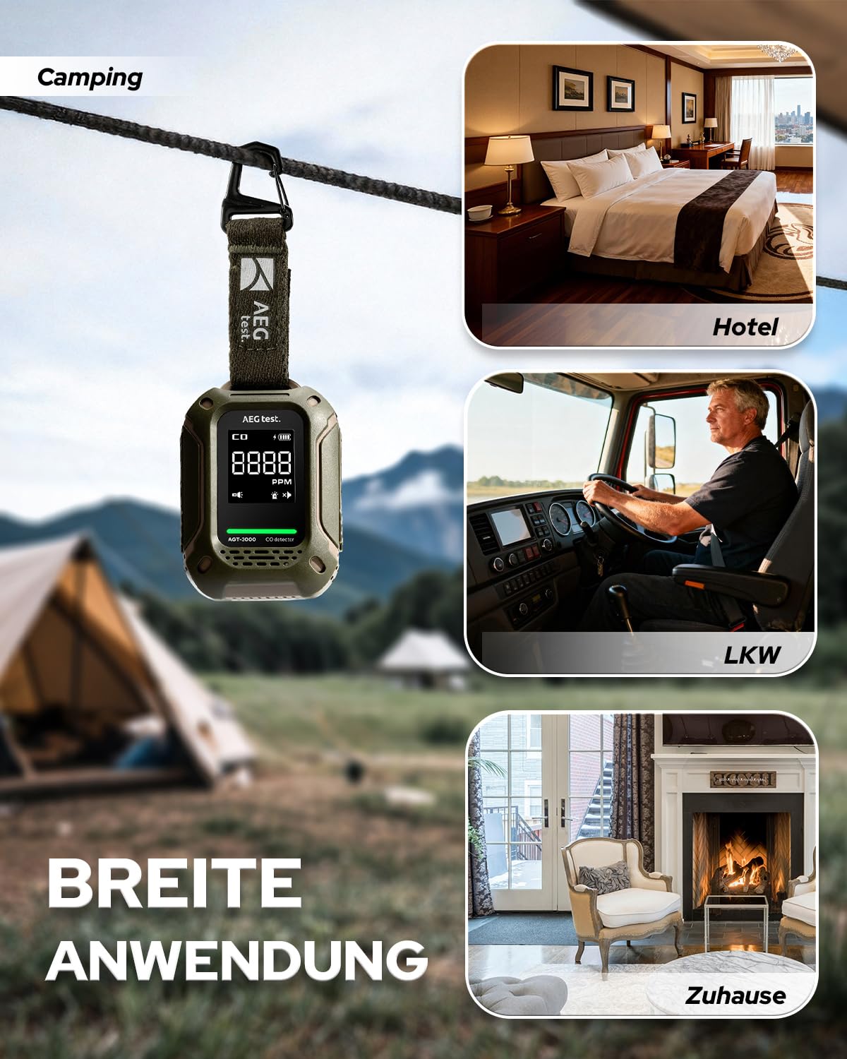AGT-3000 Tragbarer Kohlenmonoxidmelder, 240 Std Standby, verbesserter CO-Sensor für Reisen, wiederaufladbarer CO-Detektor mit Audio- & visuellem Alarm, CO-Messgerät für Camping, 0–1000 ppm