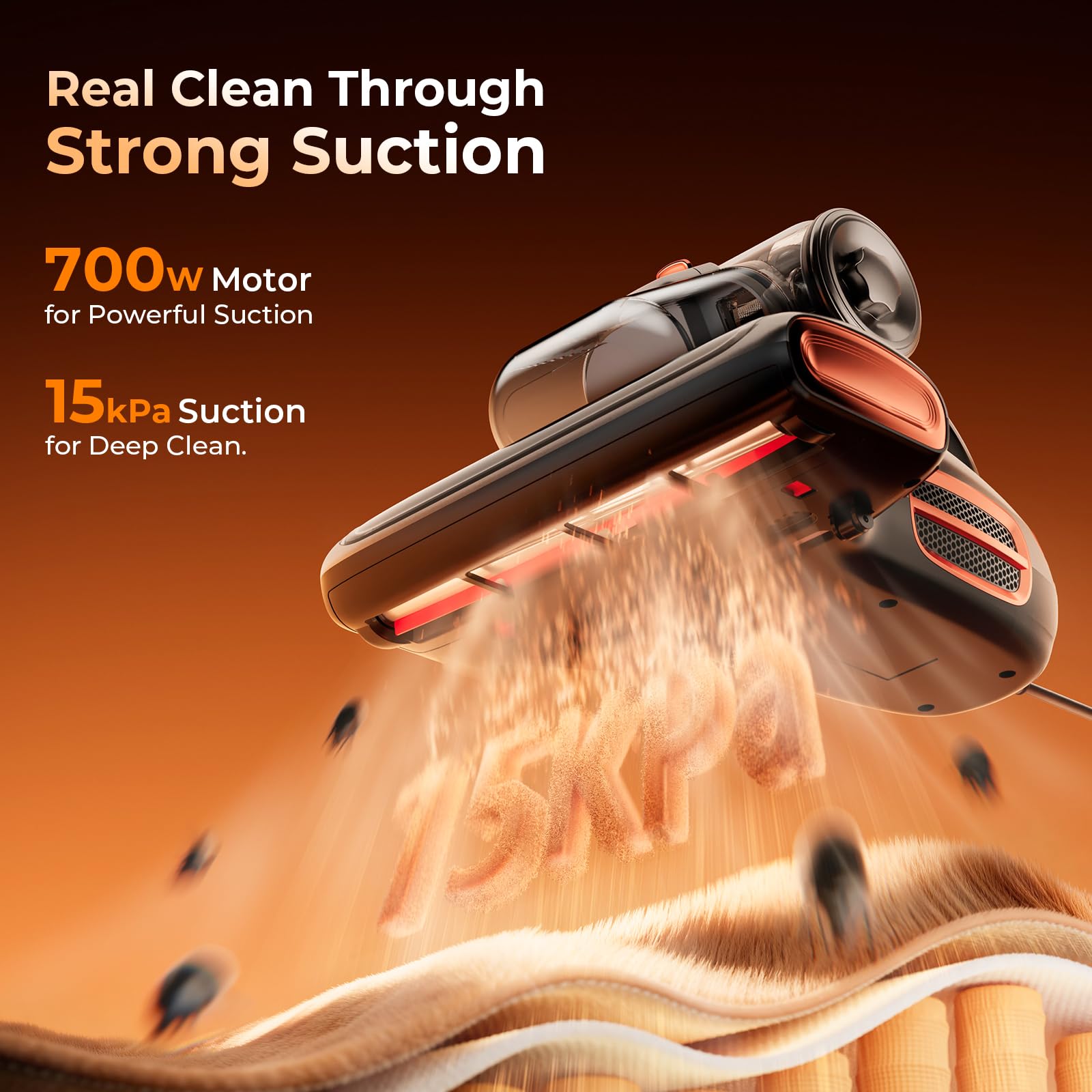 JIGOO T600 Aspiratore per Materassi con luce UV e Vibrazione, 700W 15kpa Battimaterasso Antiacaro, Rimuove il 99,9%, Indicatore LED, 60 ℃ 5s, Riscaldamento Rapido, 72 dB Design Silenzioso