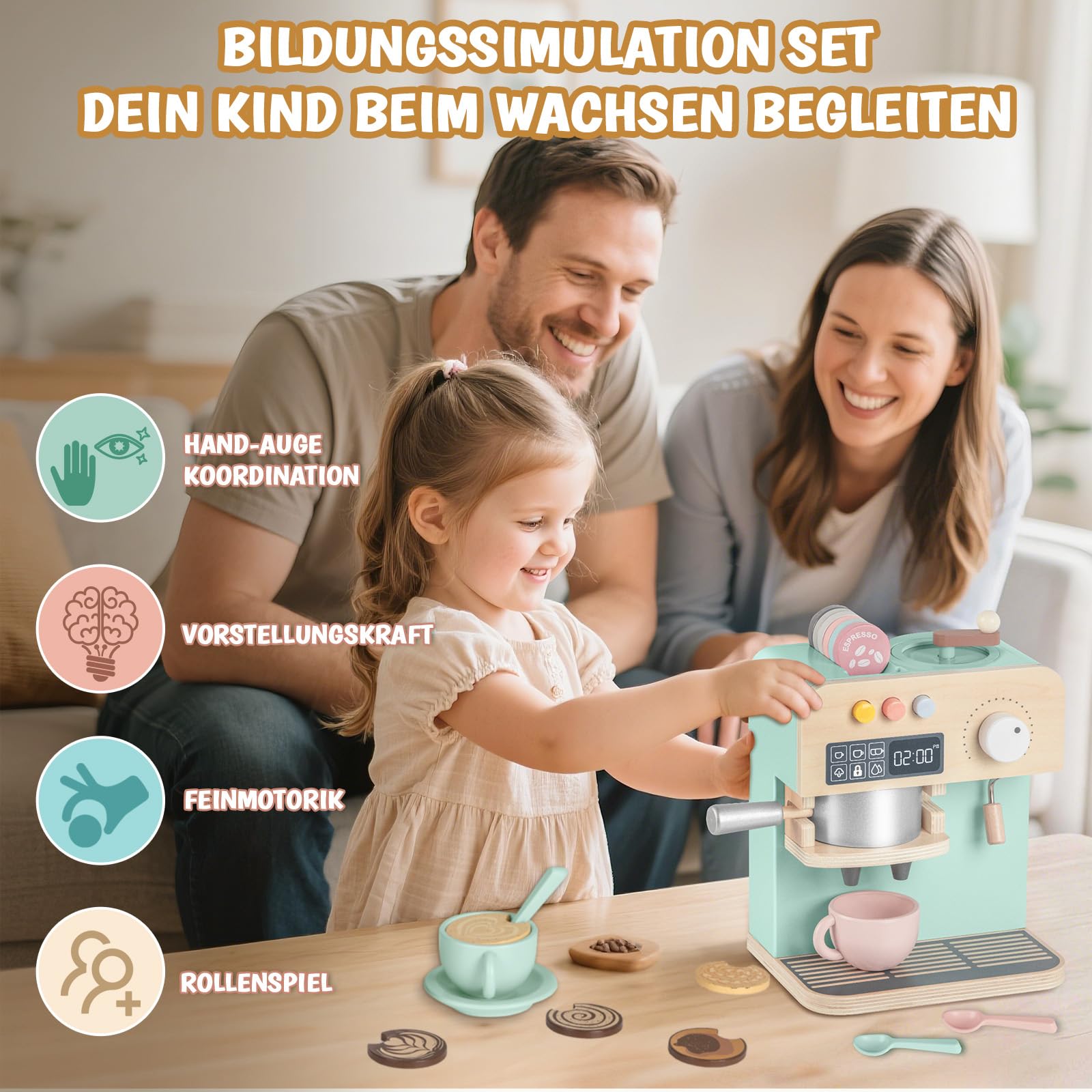 YOOHBERRYS Kaffeemaschine Kinder Holz, 22 Stück Kinderküche Kaffeemaschine, Espressomaschine Holzspielzeug mit Mühle, Spielküche Zubehör kaffeeservice Rollenspiele Geschenk für Kinder ab 3 Jahre