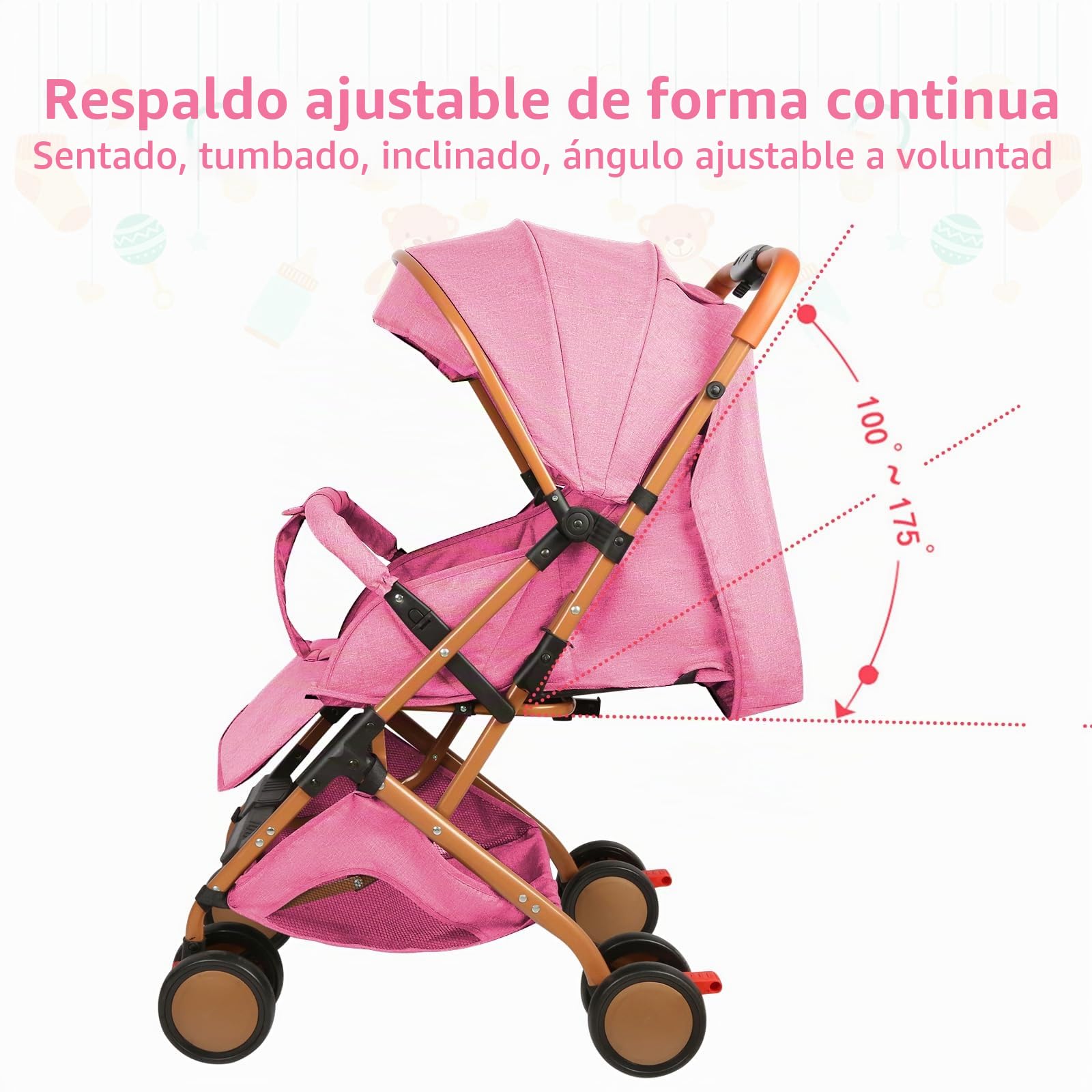 Cochecito Canne, 0-6 años, 0-35 kg, Cochecito Bebe Ligero y Compacto, Posición Alargada, Ajuste del Respaldo hasta la Posición Acostada, Ligero y Manejable, Rosa